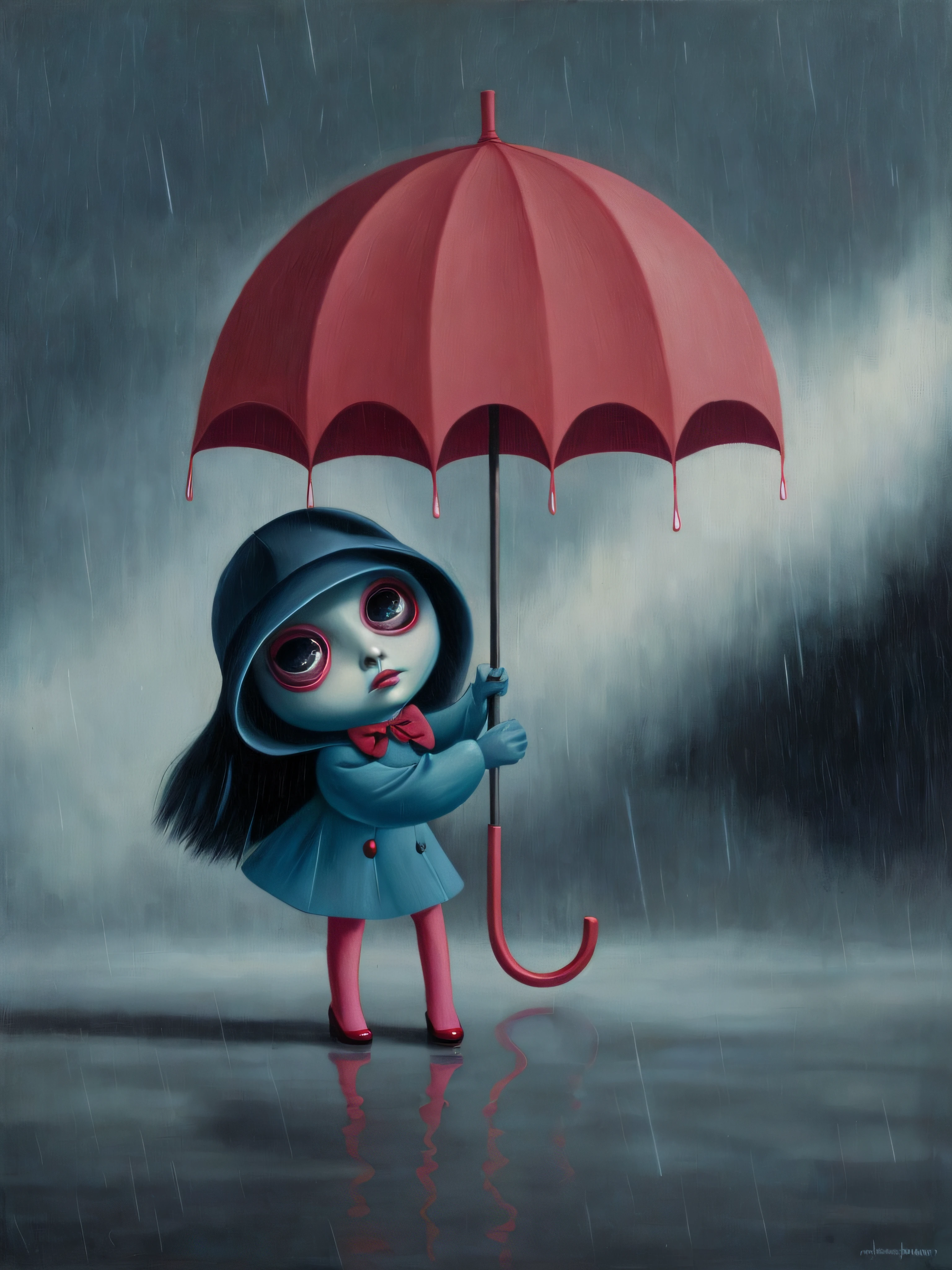 Painting of a girl holding an umbrella in the rain,Arte oscuro surrealista, Estilo Mark Ryden, Mark Ryden muy detallado, Estilo de Mark Ryden, Naoto Hattori, Surrealismo pop lowbrow, Mark Ryden en el estilo de, benjamin lacombe, Surrealismo pop Lowbrow Art Style, Arte lowbrow, por Mark Ryden