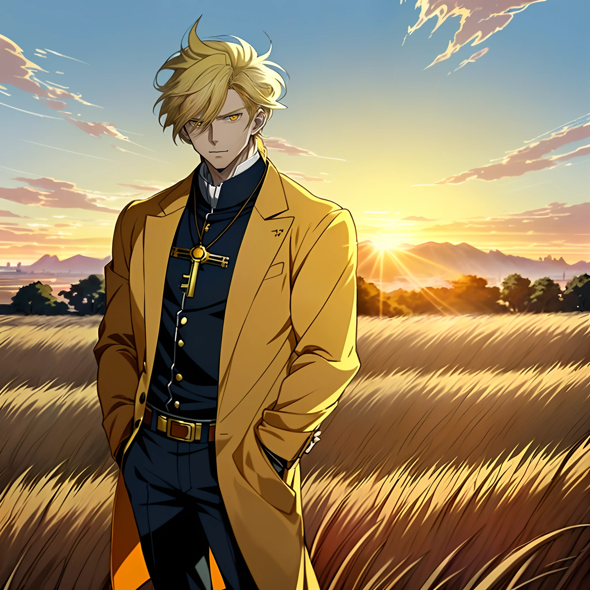 Anime boy in rye field with sunrise background, Anime handsome man,Blonde hair,yellow cat eyes,White coat, Anime portrait of a handsome man,With a sense of sacredness,Official illustration, offcial art, young anime man, Key anime art, Smooth anime CG art, Handsome anime pose