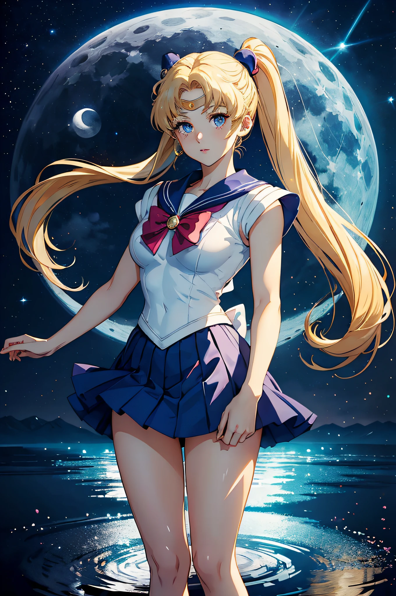 masterpiece, best quality, absurdres, perfect antomy, 1girl, solo, SMMoon, 1990s \(style\), blonde sailor moon, standing, smile, cowboy shot, sailor senshi uniform, sailor collar, blue skirt, ultra mini skirt, ( FULL BODY),(((,barefoot))), 5 toes, black toe nails, Focus full body, tied ankles together, tied arms, solo, on dungeon 