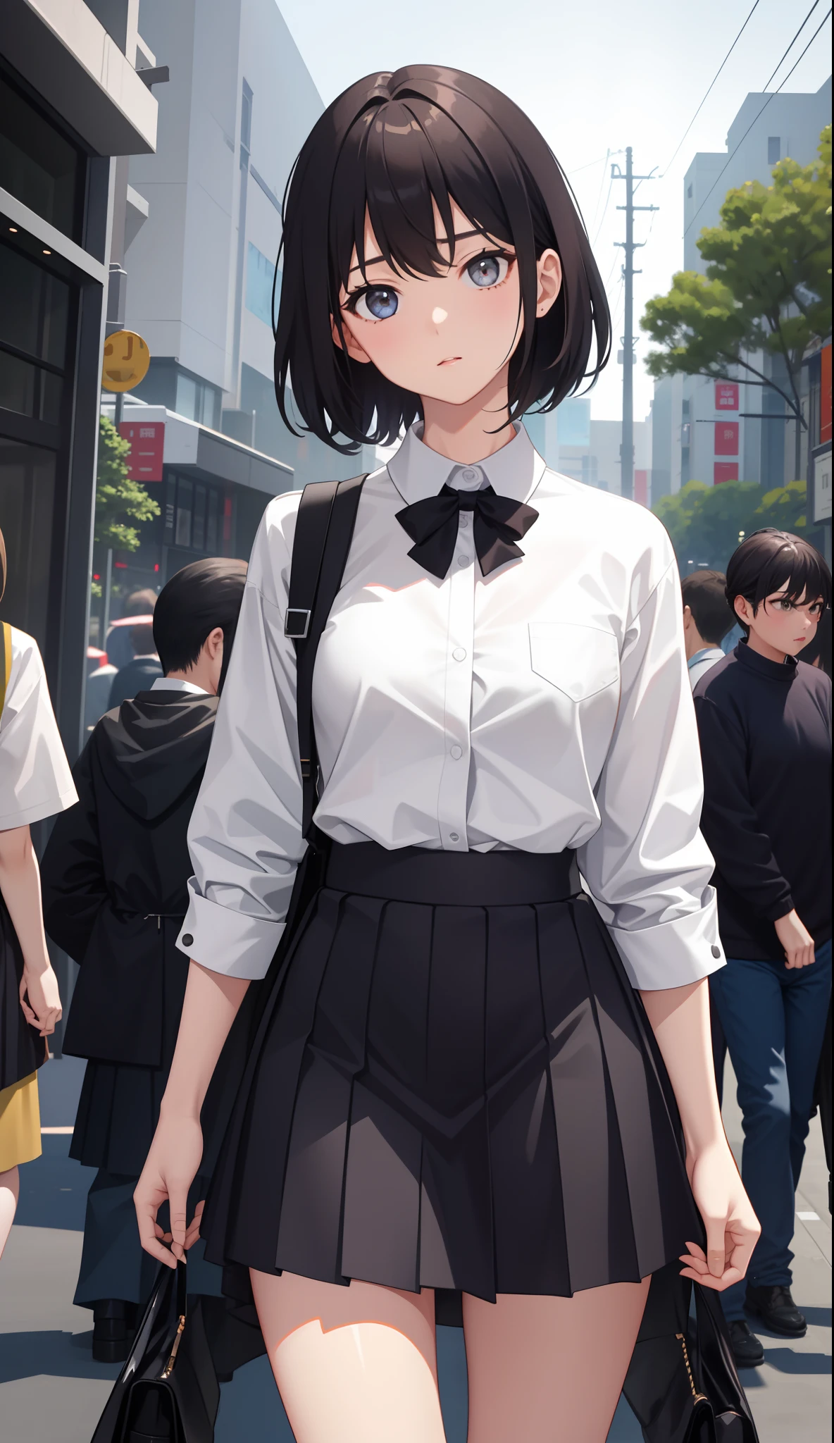 1girl in、The shirt、skirt by the、(small tits)、Walking with a thigh、Upper body portrait、