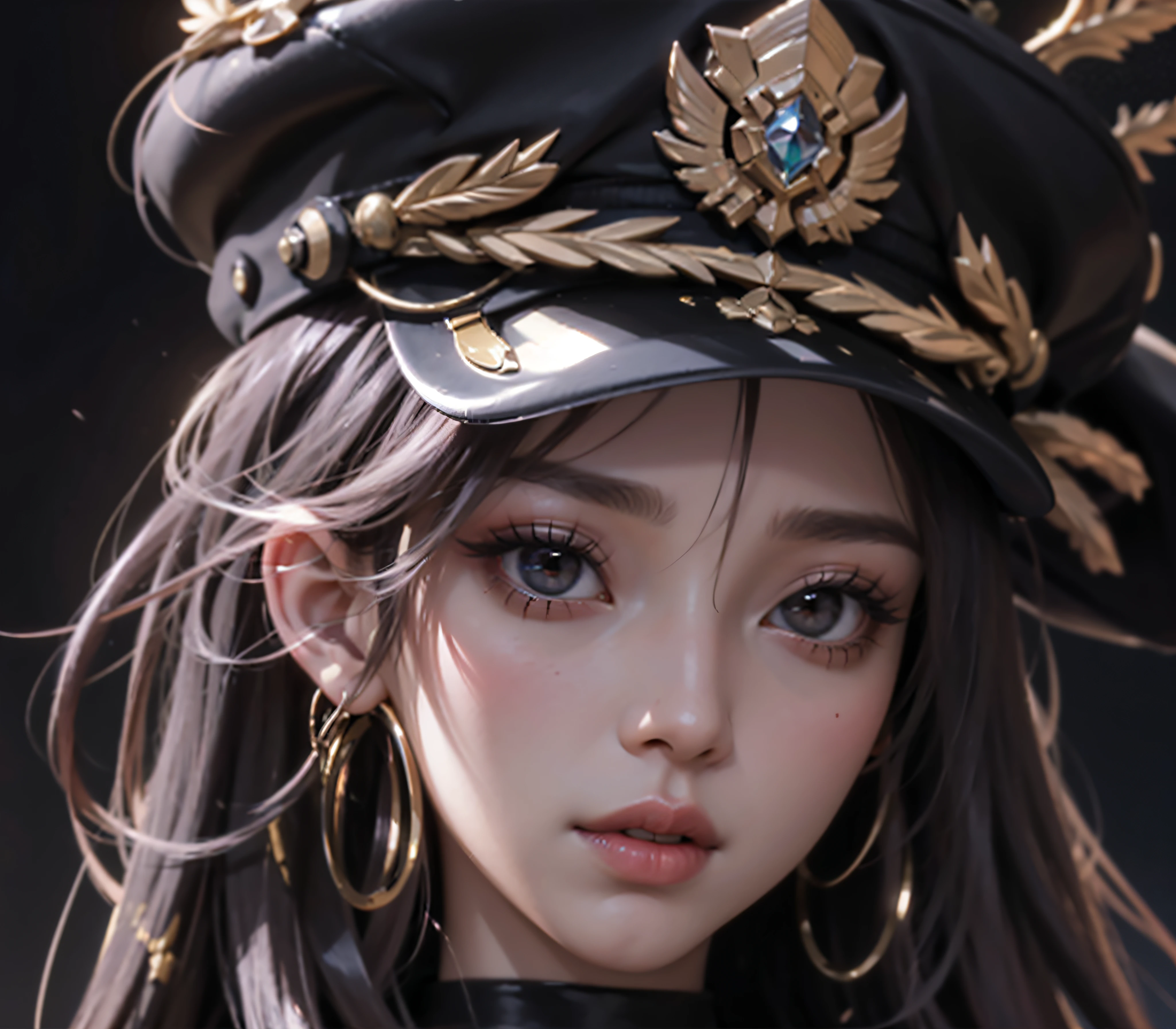 1 girlirl， Beautiful and realistic Cardi B as a semi-Asian mestizo, Half of League of Legends Spanish Prestige KDA comes entirely from Achri，Ultra HD, 8K quality, A girl, Very long hair， Detailed eyes, Frontal capture, Wearing a military cap，Military uniform temptation，Reclining on the sofa，Black sofa，Red military uniform，Bright red tones