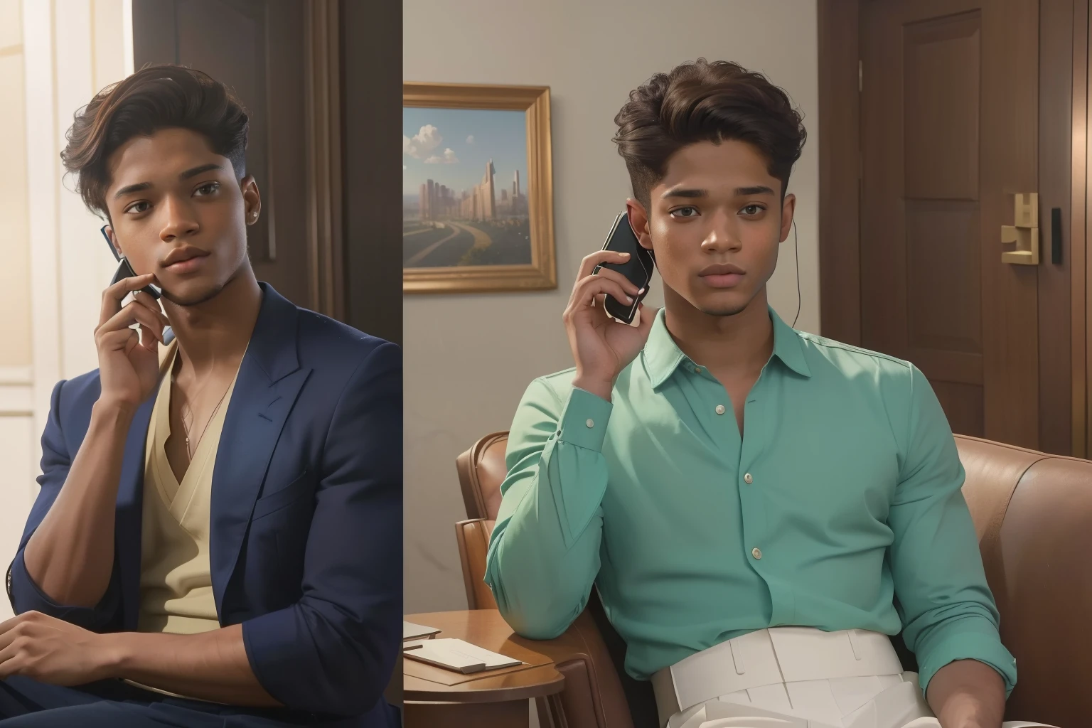 year: 2023. Location: Phoenix. ((two frames)) Pre-Raphaelite scene with a phone call, a 21-year-old Dominic Sherwood, ((talking on the phone)) with Alfred Enoch, ((((Clothing from the 2020s)))) ((Hairstyle of the 2020s)), pastel colors, (((cinematic style)))
