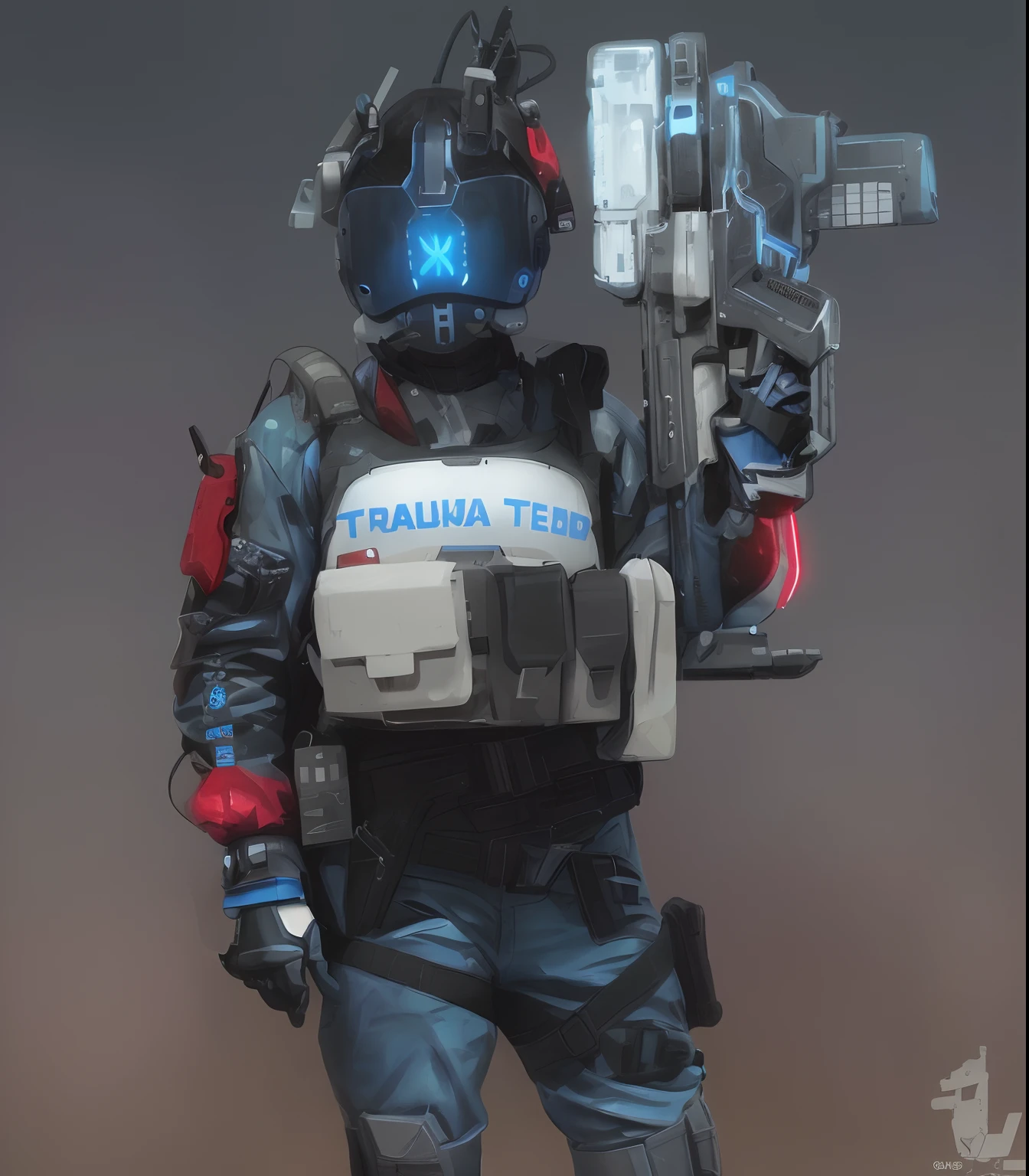 arafed girl in a blue uniform holding a red and white machine gun, trauma, dressed in tactical armor, in style of apex legends, inspired by Simon Stålenhag, heavily armed, clothed in sci-fi military armor, inspired by Doc Hammer, cyberpunk soldier, dystopian sci-fi character, cyberpunk imperial military, simon stalenhag, highly detailed HDR,UHD,8K, masterpiece, best quality, Highly detailed, medium breasts, {1girl}, {combat boots}