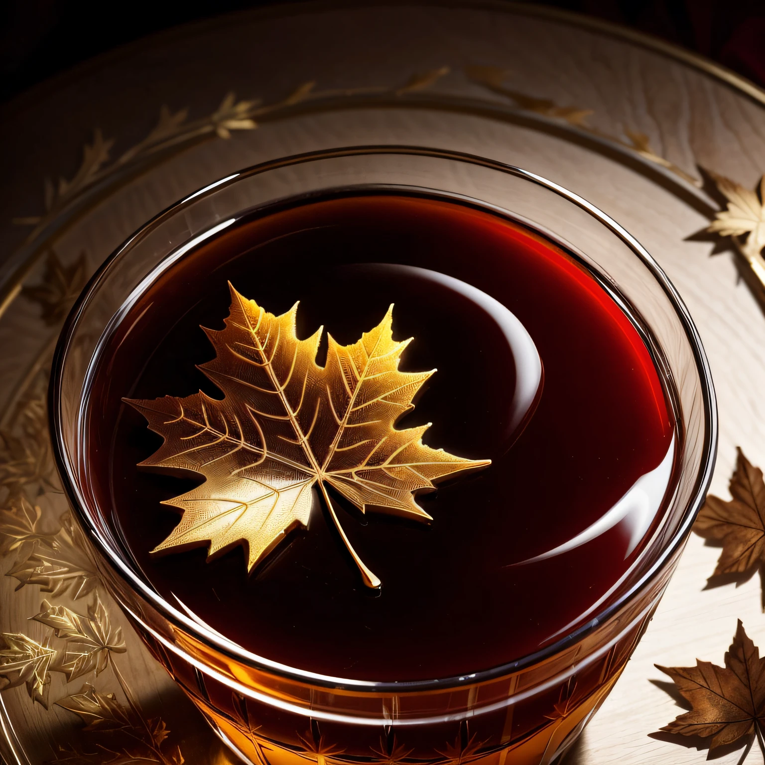 elegant, maple leaves floating on the Liquor poured in the shot glass, Spotlight, (Masterpiece), (Best Quality), (Ultra high Detailed), intricate details, intricate detail texture,