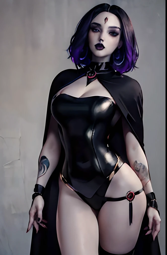 (Best Quality, 8k, 32k, Masterpiece, UHD:1.3), (Photo of Attractive Caucasian Gothic model Woman with tattoos), solo 1Girl as rvn, hotraven, Raven, heavy makeup ,  cape, choker,very pale skin,Ultra Detailed Face, Detailed Lips, Fine Eyes, black lipstick, Fine Eyes, double eyelids