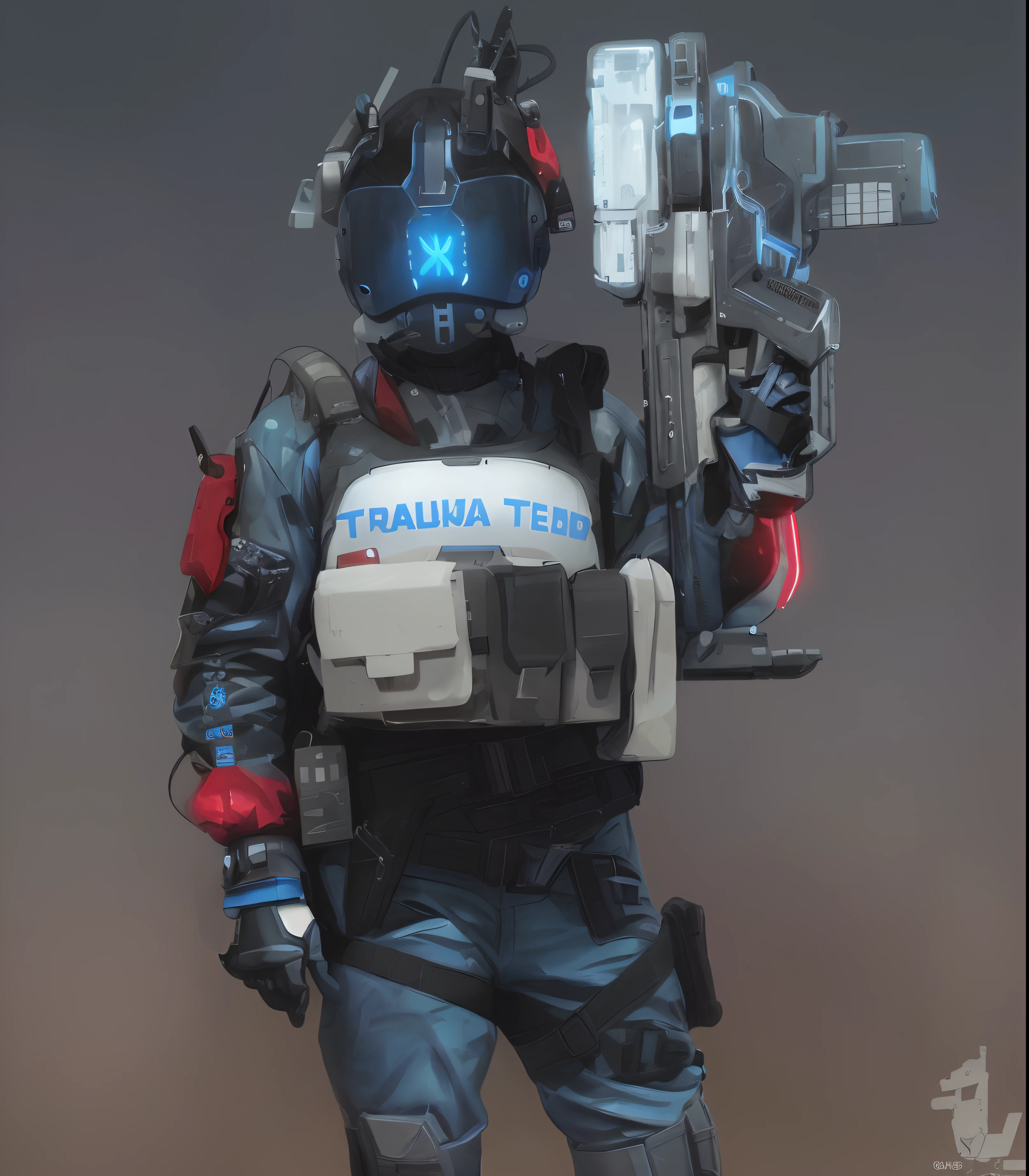 arafed girl in a blue uniform holding a red and white machine gun, trauma, dressed in tactical armor, in style of apex legends, inspired by Simon Stålenhag, heavily armed, clothed in sci-fi military armor, inspired by Doc Hammer, cyberpunk soldier, dystopian sci-fi character, cyberpunk imperial military, simon stalenhag, highly detailed HDR,UHD,8K, masterpiece, best quality, Highly detailed, medium breasts, {1girl}, {combat boots}