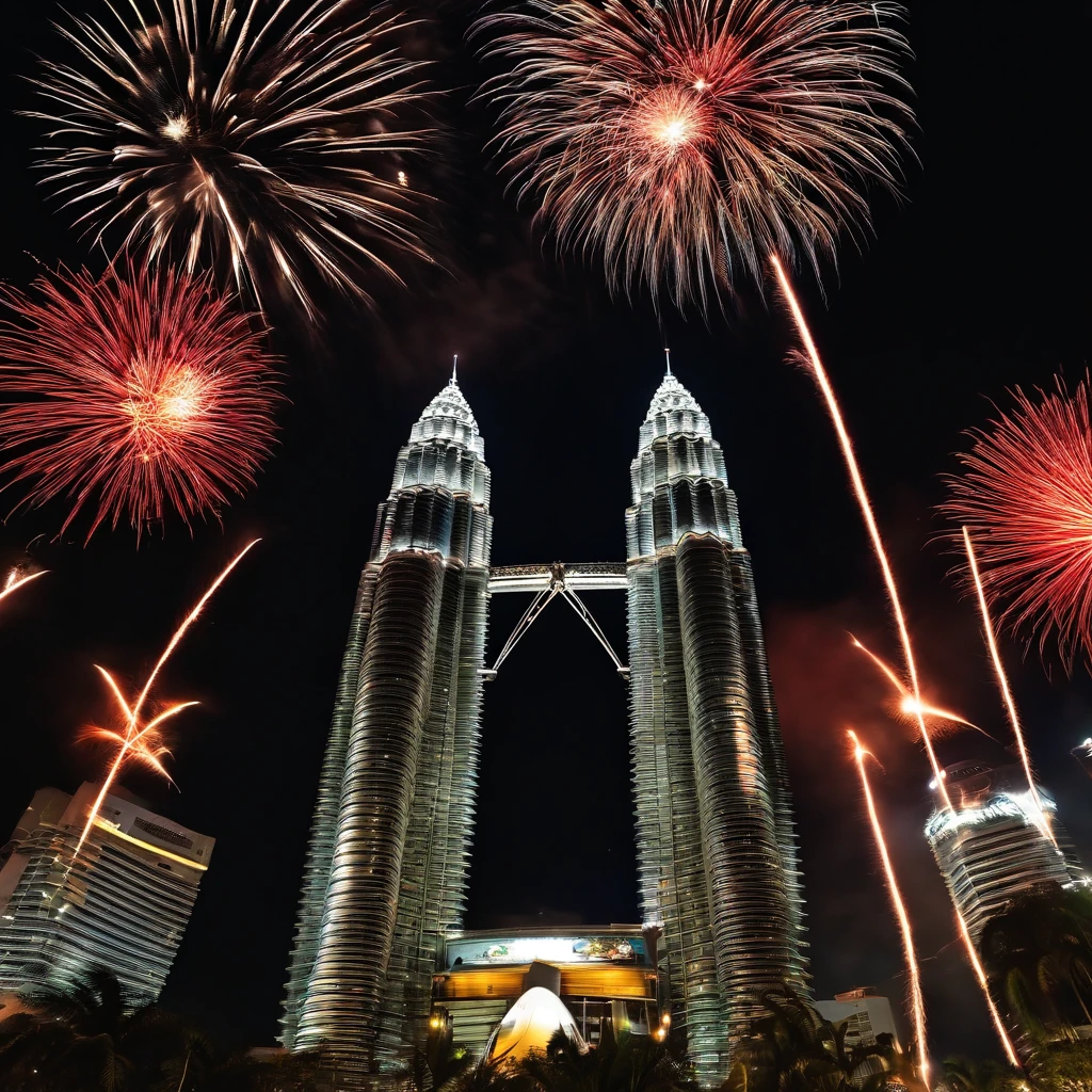 Malaysian National Day,fire works,Petronas Twin Towers in Malaysia,Some people cheered and cheered,Balloons of different colors