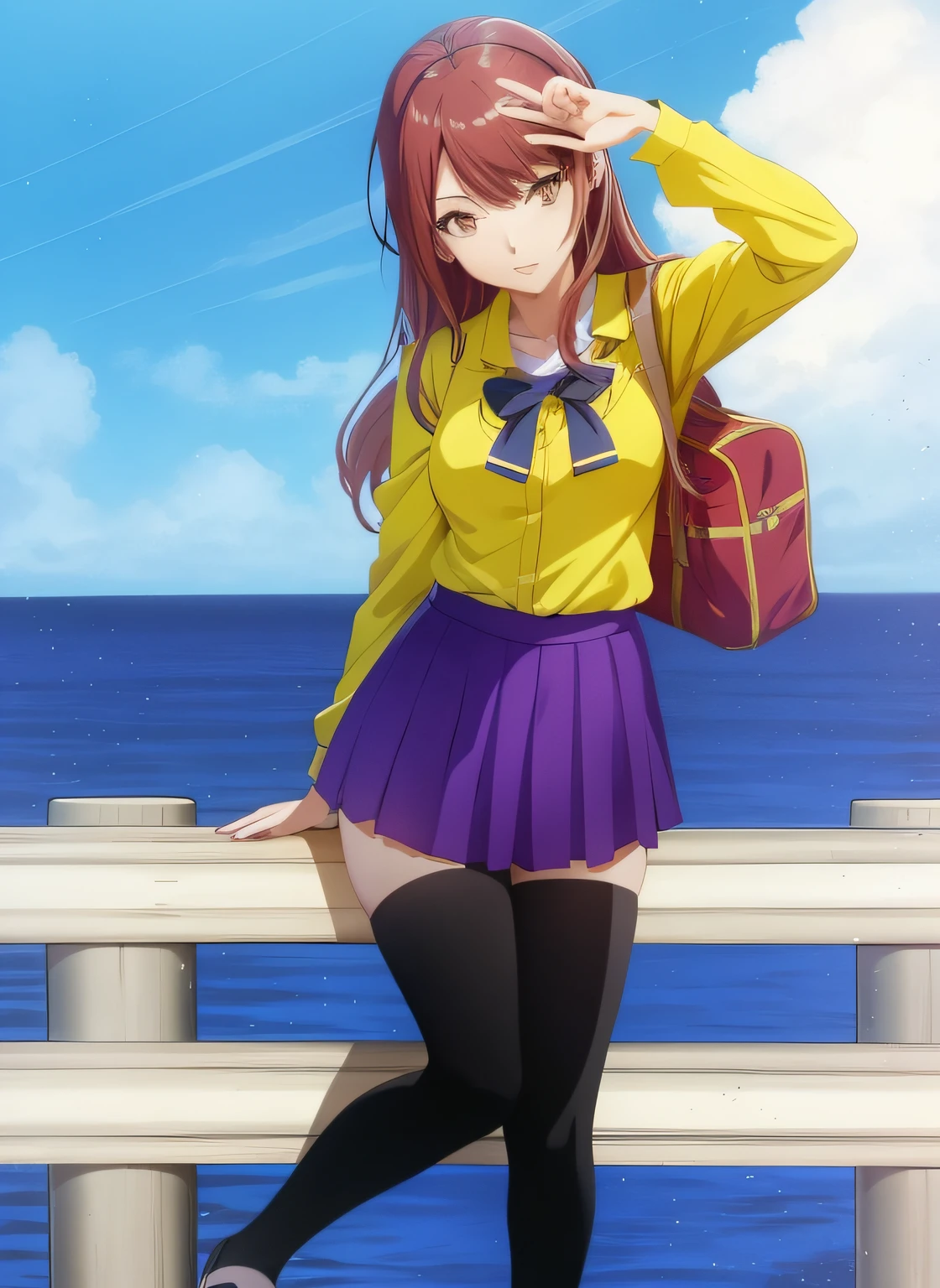 Anime girl in yellow shirt and purple skirt posing on railing, Marin Kitagawa fanart, aya takano color style, anime style, inspired by Rei Kamoi, Beautiful Anime High School Girls, Anime girl walking on water, illustrious makinami, In anime style, (Anime girl), erza scarlet as a real person, Have by the sea