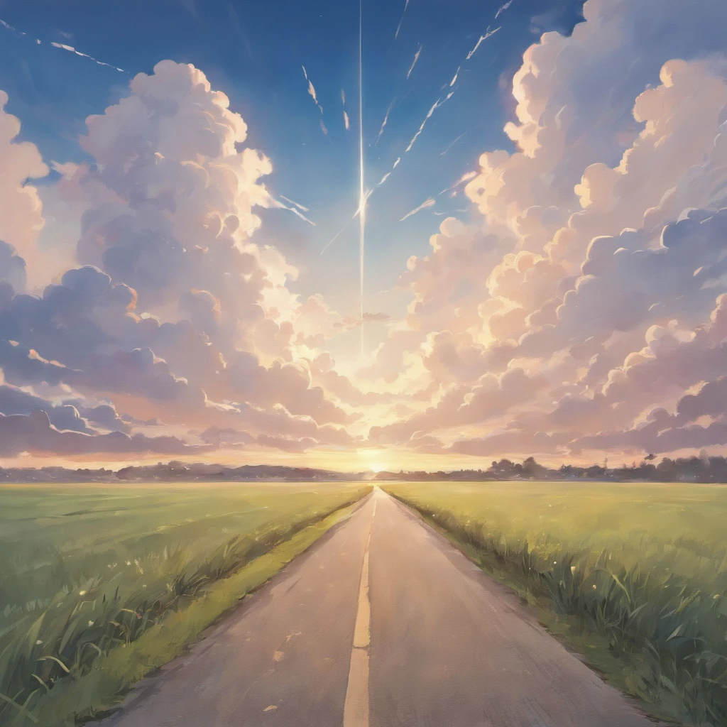 The road runs to the horizon, 2 sides are swallows, Above is the sky, with flying clouds, 2 sides with pastures, There is wind blowing grass, Create motion effects for the sky