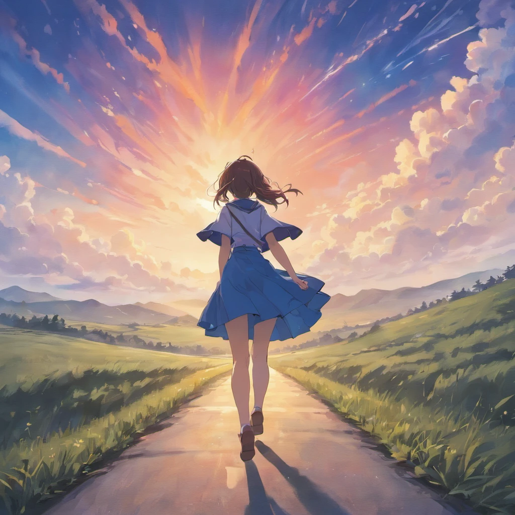 masterpiece、top-quality、Movie stills、morning、stroll。pup、1girl in、Cloud Girl、floating in sky、a closeup、发光、Happiness、Fresh morning sunshine、(Spark:0.7) 、stroll、landscapes