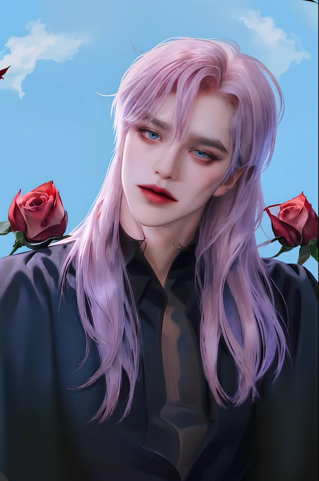 ((4K works))、​masterpiece、（top-quality)、((high-level image quality))、((One beautiful vampire woman))、Slim body、((Vampire Black Y-Shirt Fashion))、(Detailed beautiful eyes)、((Red roses and crows isolated on black background))、((Face similar to Chaewon in Ruseraphim))、((shoulder-length hair))、((Beautiful bright silver hair))、((Smaller face))、((Neutral face))、((Light blue eyes))、((Korean Women))、((18year old))、((Wild Lady))、((Show your teeth and smile))、((Korean makeup with black eyeshadow))、((elongated and sharp eyes))、((Shot alone))、((Vampires))、((Vampire Woman))、Vampire Photos、Villain、Dark Proof、((Dark Filter))、((Shot diagonally from the side))、Vampire Pose