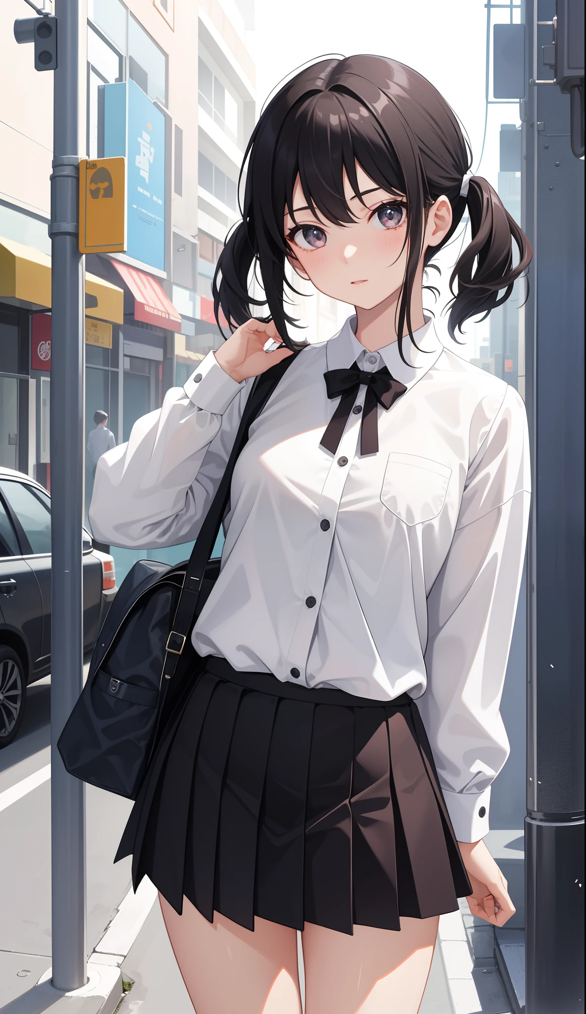 1girl in、The shirt、skirt by the、(small tits)、Walking with a thigh、Upper body portrait、