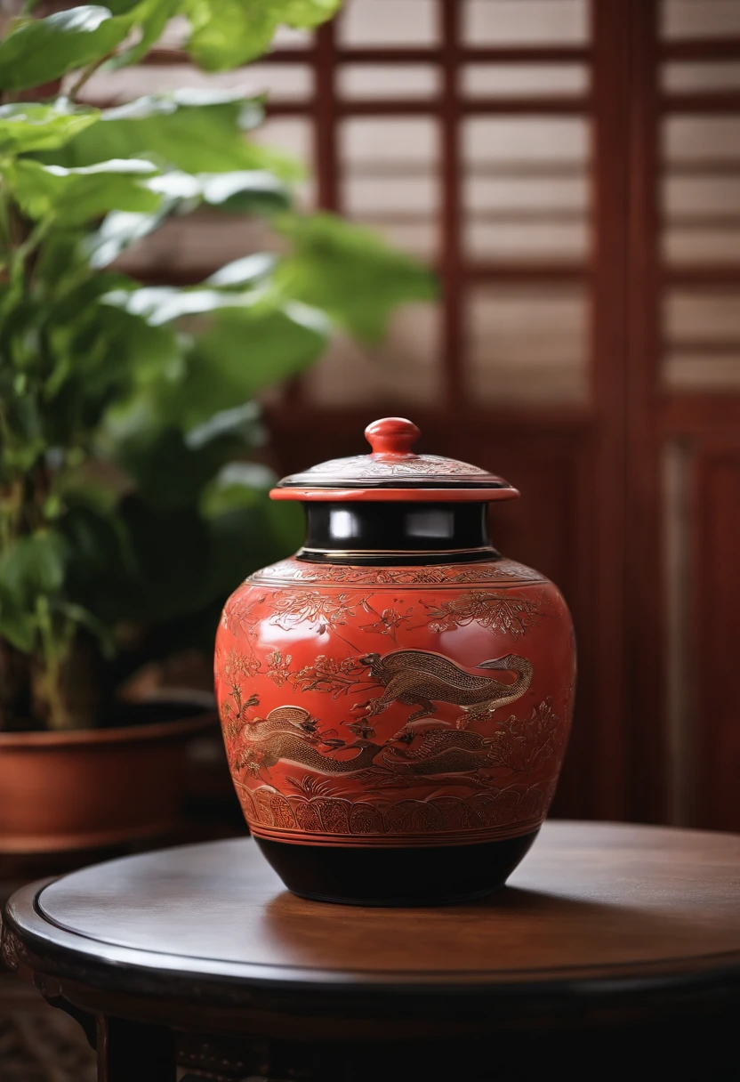 This photo shows a red clay pot and lid,It is covered with a black cover。It was placed on a wooden table,It may be placed in the living room or dining room。This container has a unique appearance,Its pattern is beautiful chinoiserie,Reminiscent of traditional ceramic art。The black lid complements the red clay pot,A harmonious atmosphere is formed。