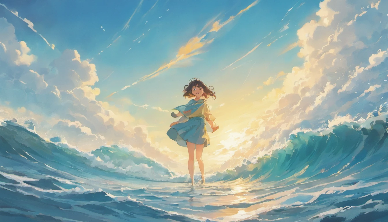 Wide beach, There are rapids, ripple, The wind blows, moving sea surface, moving sky