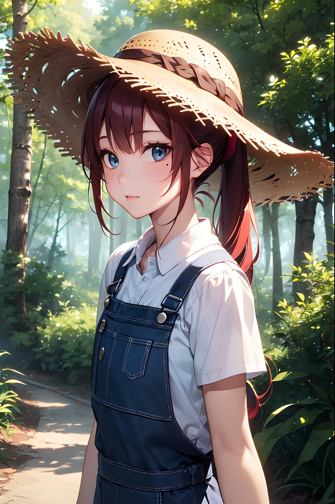 (Girl with a nasty appearance:1.3)、(natta:1.5)、(and chest:1.4)、Raw photography, top-quality, hight resolution, (masterpiece), (Photorealsitic:1.4), (Mole under the eyes),Anime Cosplay, foco nítido, nffsw, 8K分辨率, intricate detailes, depth of fields, the Extremely Detailed CG Unity 8K Wallpapers, front lit, femele,25-years old、 Happy face、(Straw Hat Ponytail Hair:1.5)、(Walk:1.5)、see -through、(medium red hair)、blue eyess,(Overall:1.5)、(Cutting trees in the forest:1.3)、shining sky