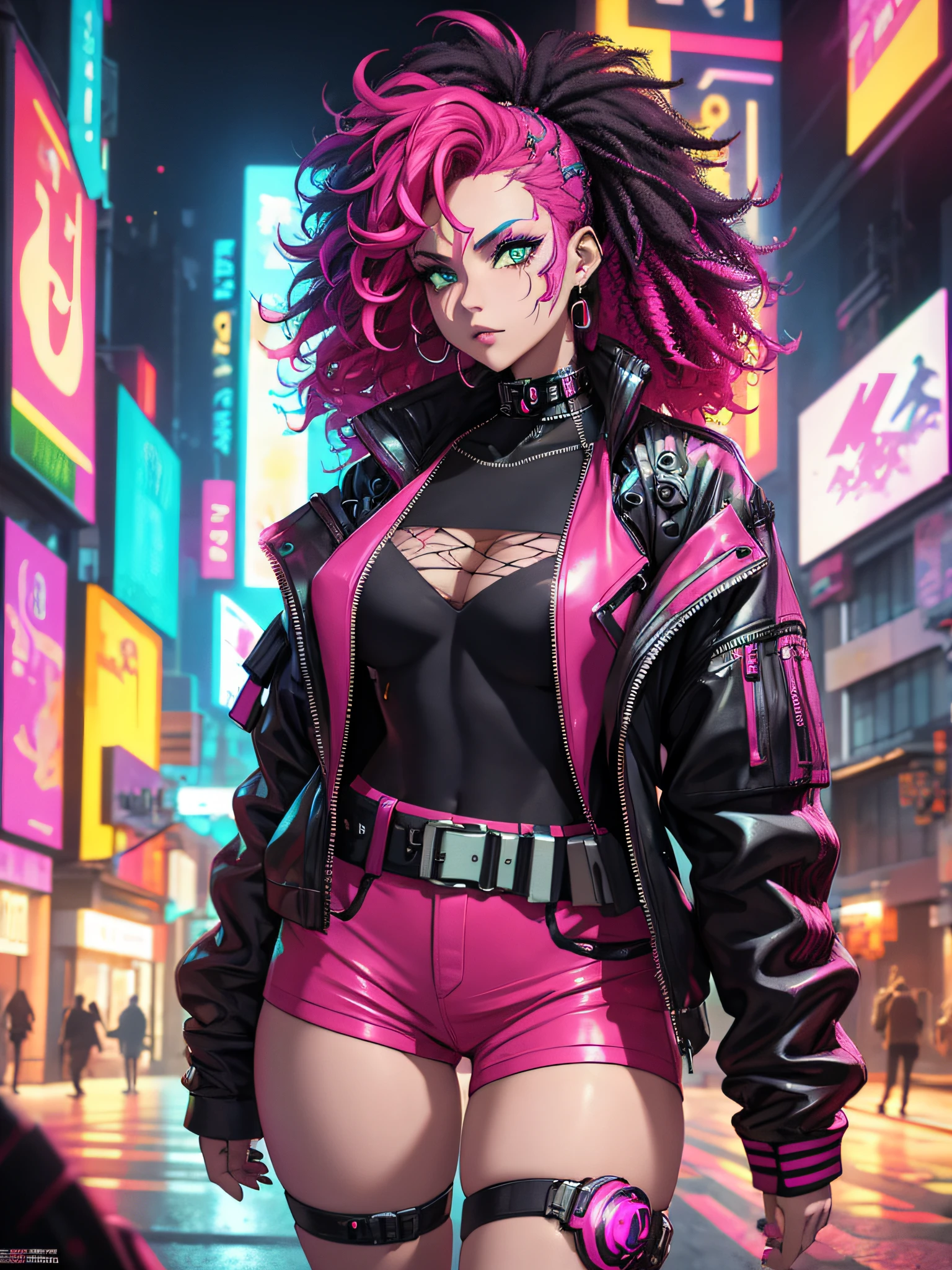 Beautiful Woman, colorful curly Hair , Cyberpunk Streets, Cyberpunk Style,neon Cyberpunk Outfit, Low Cut Short Shorts, Has Cyberpunk Style, Cyberpunk, Full Cosplay, Ultra HD Quality, ((Sharp Face)), Official Artwork,