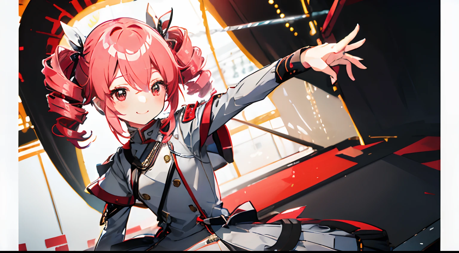 kawaii、1girl in、hiquality、((​masterpiece))、Tet、KasaneTeto、Twindrill hair、Smile in public、at stage、red hairs、neat clothes of neat gray color,,,,,,,、Red curly hair like a drill、red eyes、Idle Pose、Invisible angle