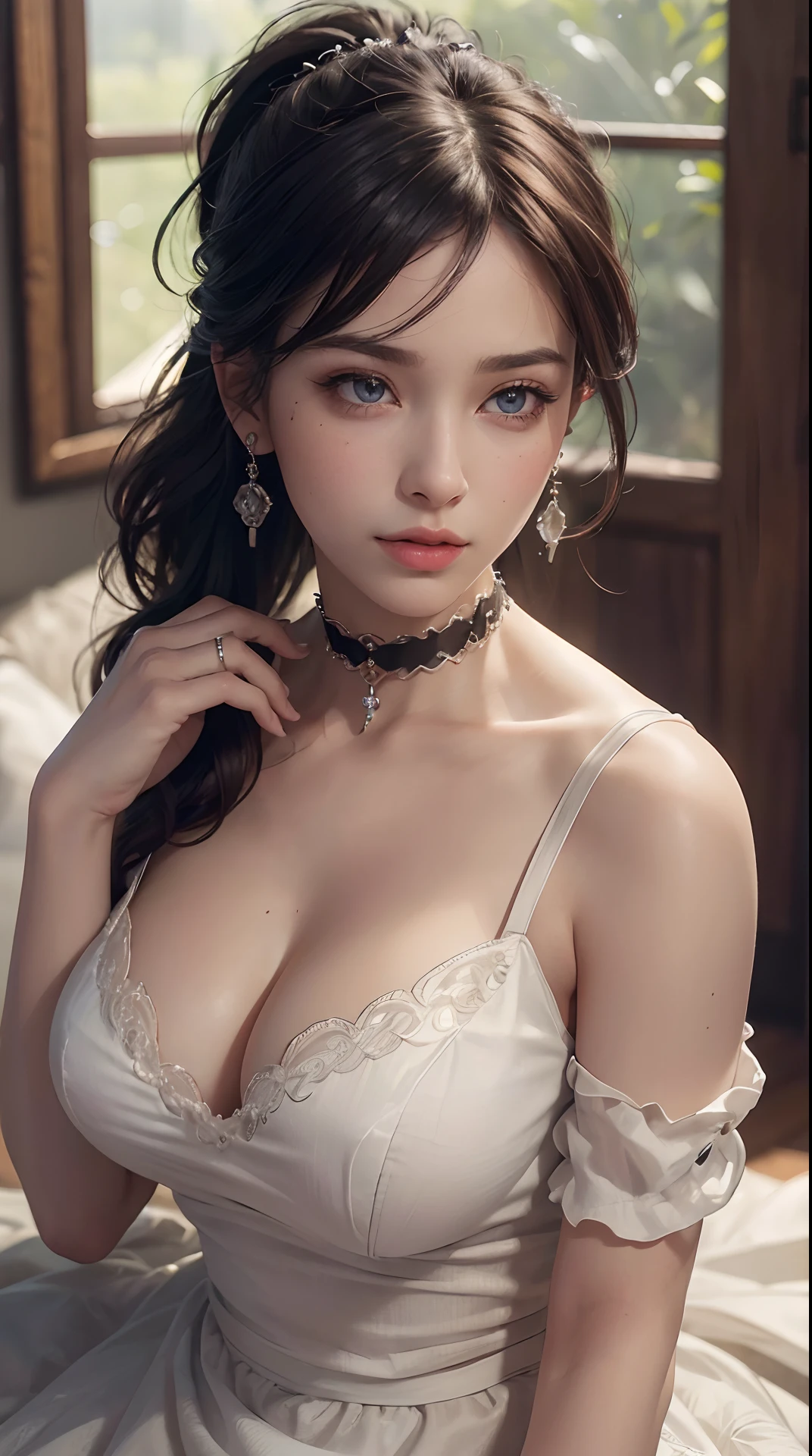 (best quality,4k,8k,highres,masterpiece:1.2), ultra-detailed, (realistic,photorealistic,photo-realistic:1.37),(beautiful detailed eyes, beautiful detailed lips, extremely detailed eyes and face, long eyelashes),studio lighting,physically-based rendering,vivid colors,(big tits, super big tits, super extra big tits),(ponytail hairstyle),(a look of surprise),(earrings, choker, ring, maid's clothing),(soft lighting),(calm atmosphere),(full frame portrait composition),(The hand of the character being drawn should always have five fingers.),