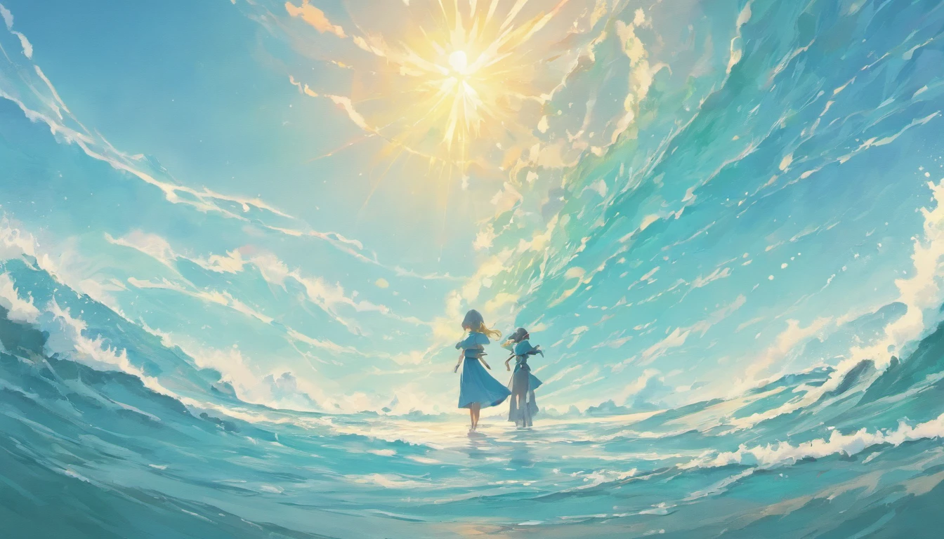 Wide beach, There are rapids, ripple, The wind blows, moving sea surface, moving sky, no people