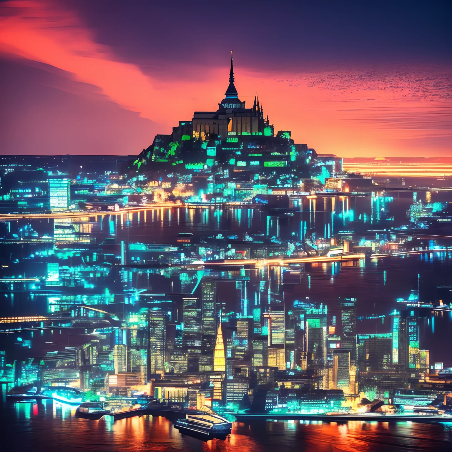 nighttime scene、cyberpunked、Mont Saint-Michel