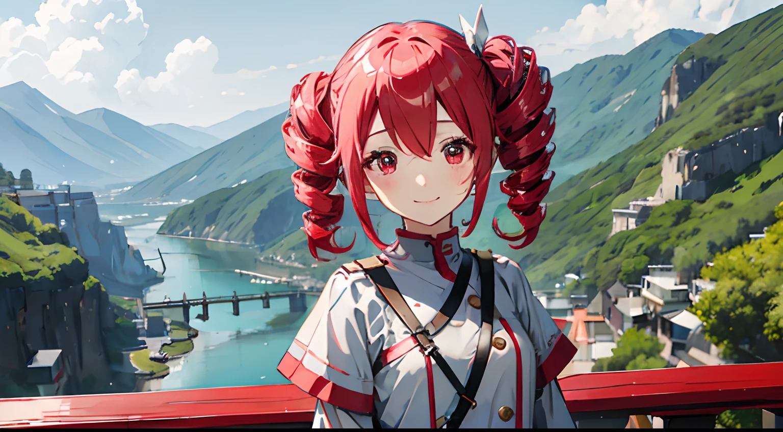 kawaii、1girl in、hiquality、((​masterpiece))、Tet、KasaneTeto、Twindrill hair、Smile in public、at stage、red hairs、neat clothes of neat gray color,、Red curly hair like a drill、red eyes、fantastic landscape