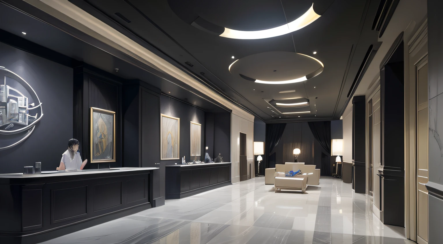 Highest image quality、Exceptional detail、超A high resolution、hightquality、​masterpiece、Hotel lobby designed by Zaha Hadid,Concierge counter. Photorealistic and hyperrealistic