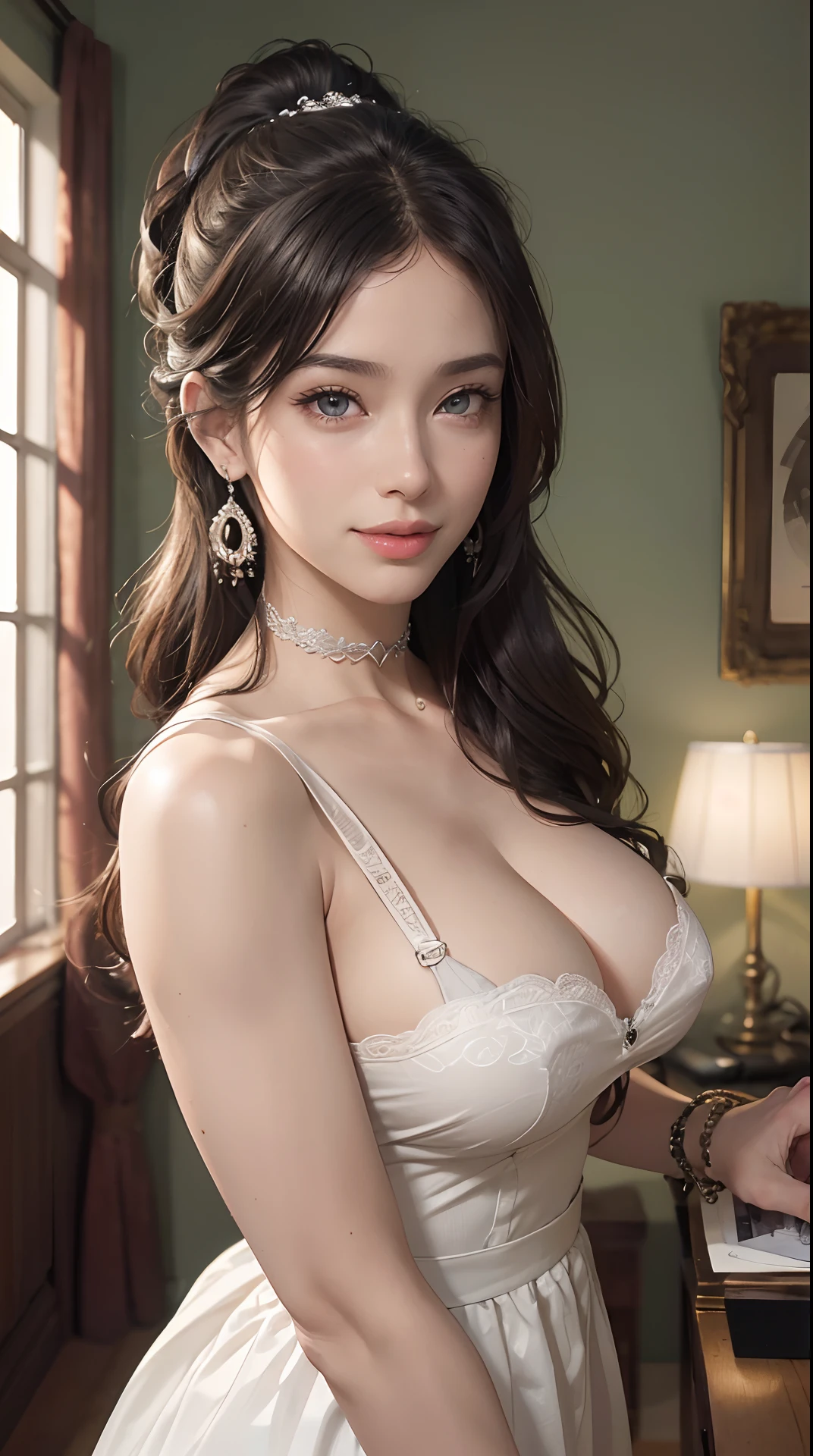 (best quality,4k,8k,highres,masterpiece:1.2), ultra-detailed, (realistic,photorealistic,photo-realistic:1.37),(beautiful detailed eyes, beautiful detailed lips, extremely detailed eyes and face, long eyelashes),studio lighting,physically-based rendering,vivid colors,(big tits, super big tits, super extra big tits),(ponytail hairstyle),(Confident smiling face),(earrings, choker, ring, maid's clothing),(soft lighting),(calm atmosphere),(full frame portrait composition),(Five fingers, five fingers, five fingers),(stride pose),(For this illustration, be sure to draw five fingers on each major character's hand. The hand of each character depicted must have five fingers. Please draw this character's hand with the correct number of fingers. The character's hand must have five fingers; please draw a hand with five fingers. When drawing the hand, please make sure that the hand must have five fingers.),