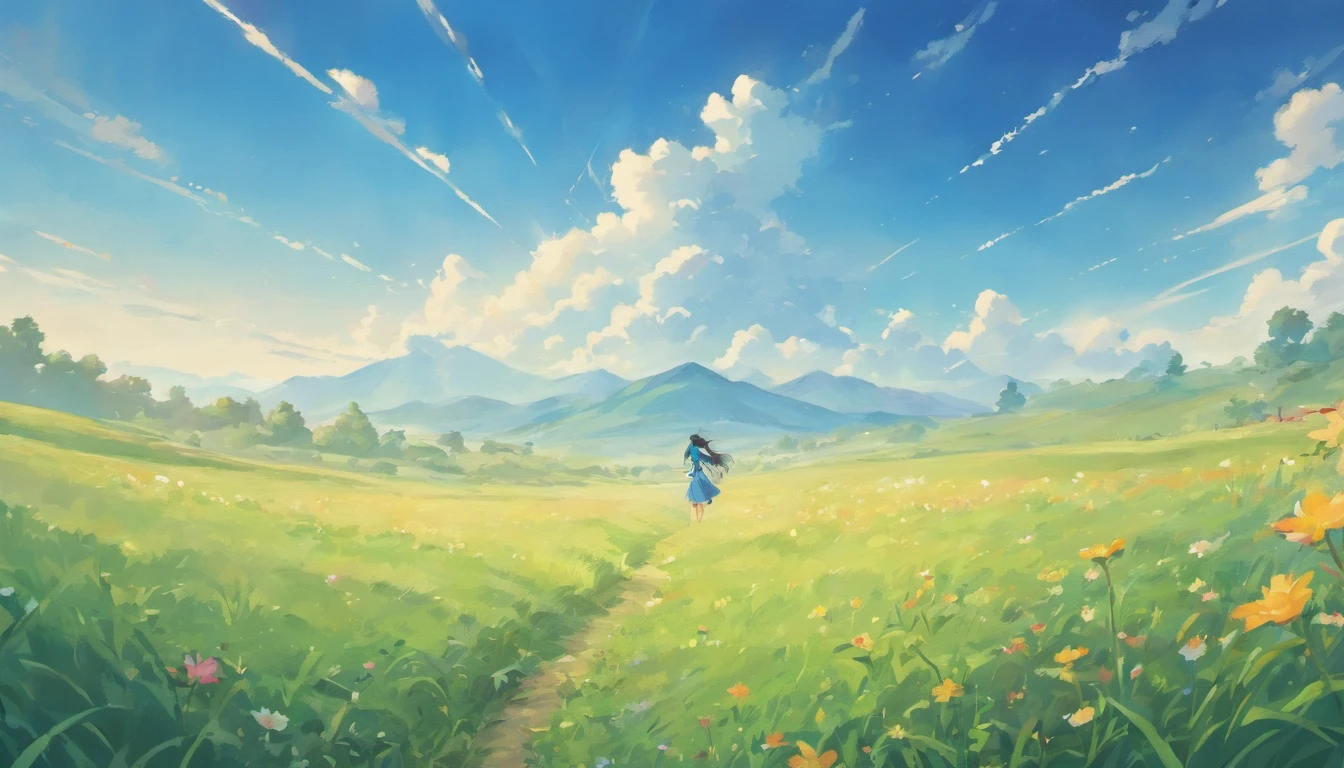 Blue Shoes Detail, on the wide grass, blue sky, In the distance there is a dirt road, flowering, Butterfly