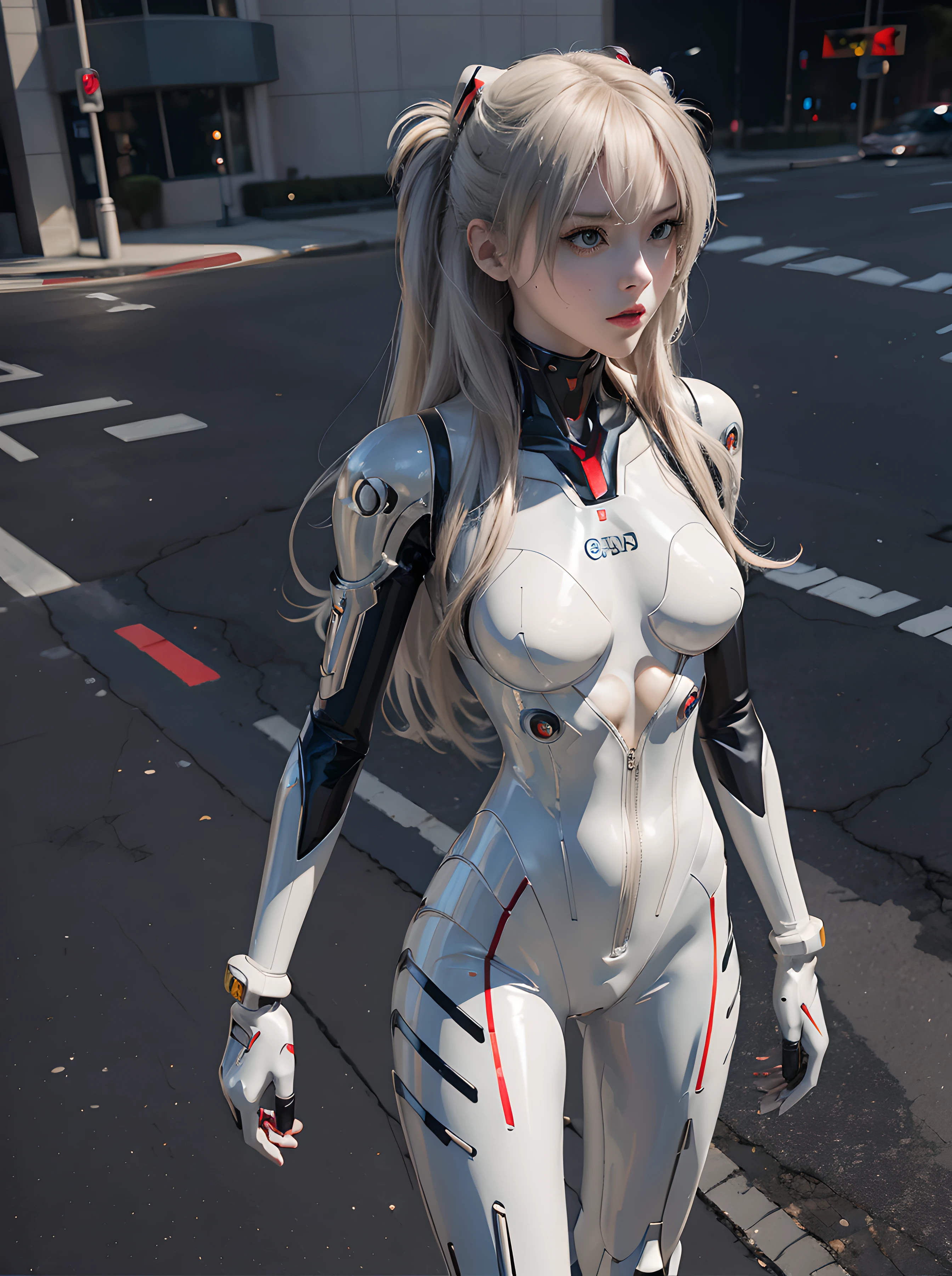 Woman in futuristic costume, standing on the sidewalk, cyborg - girl with silver hair, gynoid cyborg body, Anime Cyborg, perfect anime cyborg woman, biomechanical oppai, Anime character; full body art, beutiful white girl cyborg, cyborg - girl, cybersuits, gynoid body, cyborg girl, cyberpunk bodysuit