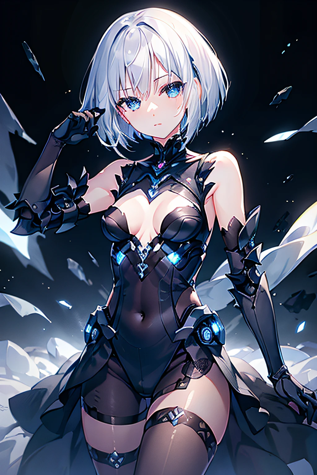expressiveless,Robotic arm,Immortal clothing,Silver short bob hair,Mechanical eyes,Black silk tights