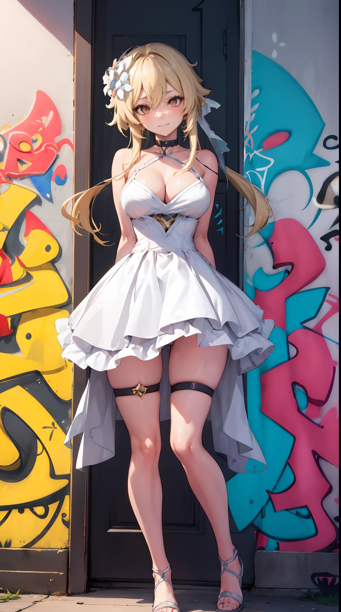 Lumine | genshin impact, master-piece, bestquality, 1girls,25 years old, proportional body, proportional., Wedding Dresses, White Wedding Dress, wedding, mediuml , ,bara, choker, (Graffiti:1.5), Splash with purple lightning pattern., arm behind back, against wall, View viewers from the front., Thigh strap, Head tilt, bored, 10, 10, HD, slight smile,