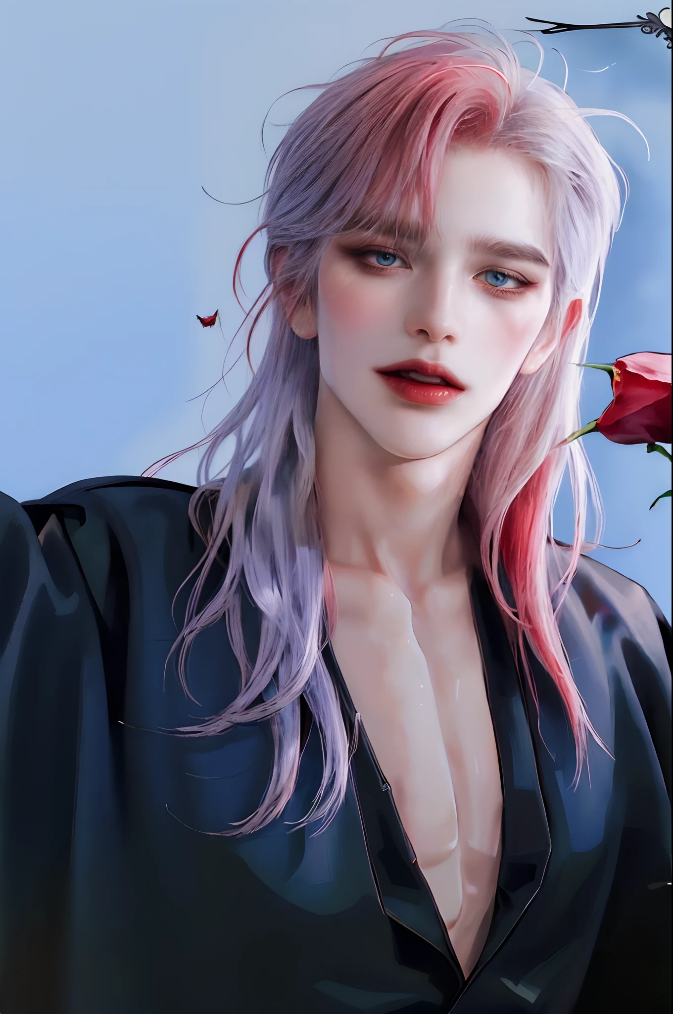 ((4K works))、​masterpiece、（top-quality)、((high-level image quality))、((One beautiful vampire woman))、Slim body、((Vampire Black Y-Shirt Fashion))、(Detailed beautiful eyes)、((Red roses and crows on black city background))、((Face similar to Chaewon in Ruseraphim))、((shoulder-length hair))、((Beautiful bright silver hair))、((Smaller face))、((Neutral face))、((Light blue eyes))、((Korean Women))、((18year old))、((Wild Lady))、((Show your teeth and smile))、((Korean makeup with black eyeshadow))、((elongated and sharp eyes))、((Shot alone))、((Vampires))、((Vampire Woman))、Vampire Photos、Villain、Dark Proof、((Dark Filter))、((Shot diagonally from the side))、Vampire Pose