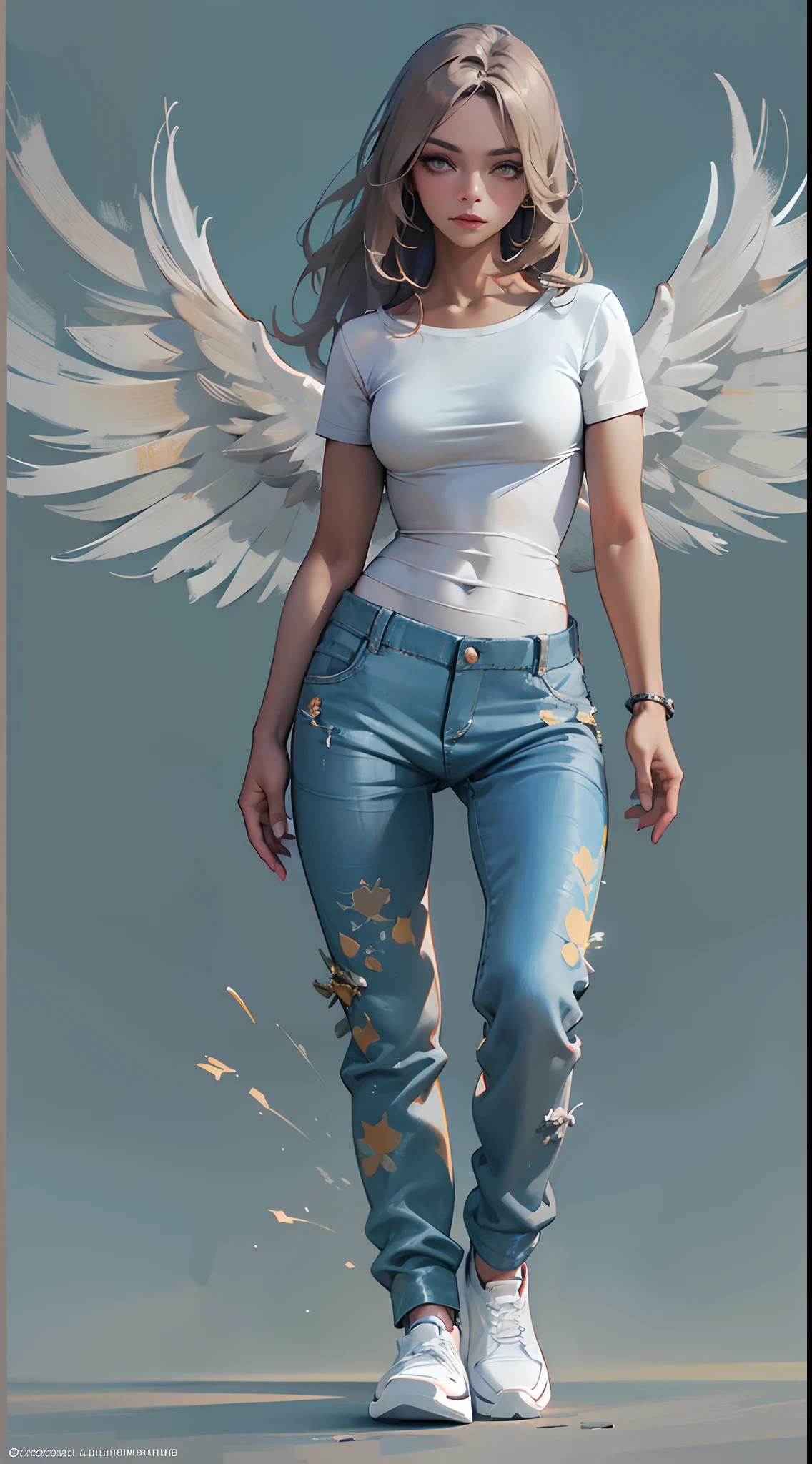 Black pantsuit, Black T-shirt with, melancholy lighting, A tranquil, peacful, luminance, tmasterpiece, best qualityer, (Ultra photo realsisim:1.3), (tmasterpiece:1.4), best qualtiy, ((realisticlying)), high high quality, ultra - detailed, ((Authentic images)), ((Realistic skin)), ((photorealiscic face)), (illustratio:1.05), (Handsome:1.05), (beatiful detailed eyes:1.05), (cinematric light:1.1), Blue in the detachment, perfect whole body,Black and blue clothes,White sneakers,(Beautiful women),(perfect body figure), long whitr hair,Detailed face, Perfect face, (The stands up), Detailed background, ((Bonifasko lighting)), (Detailed eyes), perfect pupils,a dark tanned skin,The halo,Angel wings,Kamimei