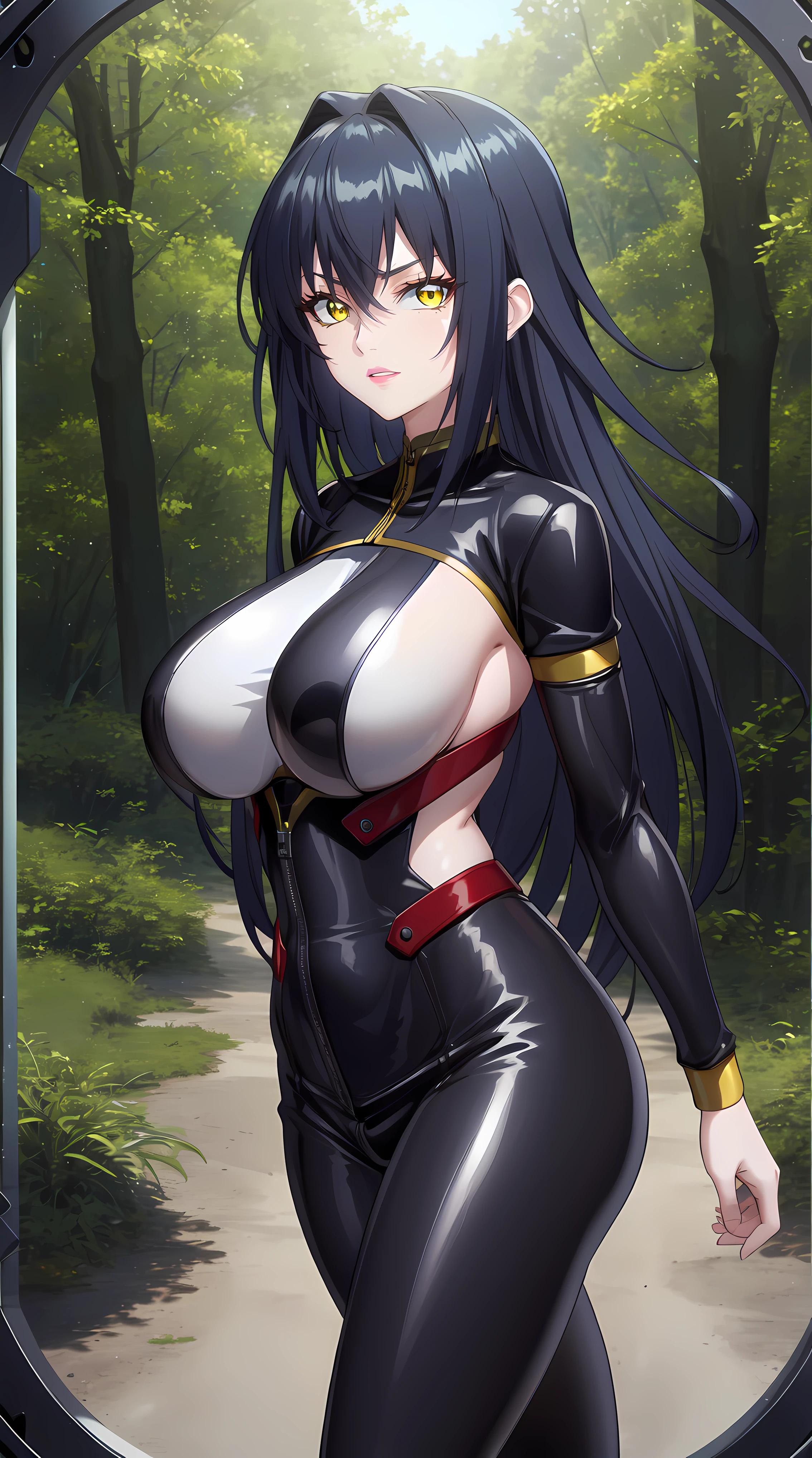 walking in forest at day background, trees, forest,
cowboy shot, Annerose,
bodysuit latex, sideboobs,black outfit, front view,
 black_hair,yellow_eyes, long_hair, hair intakes,
1 girl, 35yo,mature female,Beautiful Finger,Beautiful long legs,Beautiful body,Beautiful Nose,Beautiful character design, perfect eyes, perfect face,
looking at viewer, standing at attention,  (big_yellow_eyes:1.0),(beautiful smile:1.3), yandere,
NSFW,official art,extremely detailed CG 8k wallpaper, perfect lighting,Colorful, Bright_Front_face_Lighting,
(masterpiece:1.0),(best_quality:1.0), ultra high res,4K,ultra-detailed,
photography, 8K, HDR, highres, absurdres:1.2, Kodak portra 400, film grain, blurry background, bokeh:1.2, lens flare, (vibrant_color:1.2)
(Beautiful,large_Breasts:1.4), (beautiful_face:1.5),(narrow_waist),