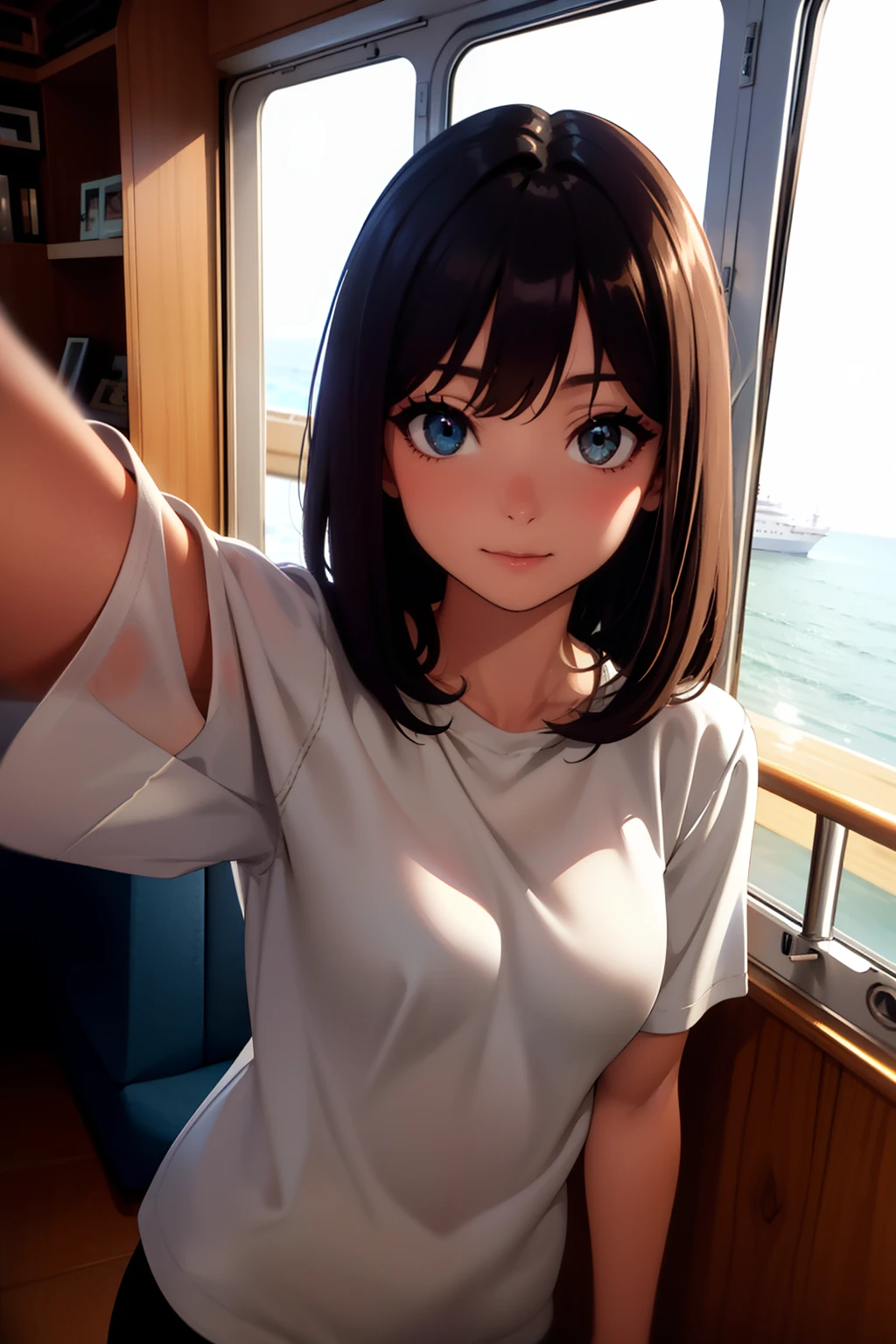(masterpiece), best quality, expressive eyes, perfect face, A girl is exploring the inside of the "TAKACHIHO" ship, the ship is sailing on the sea, on the sea, the sea at daytime, inside the ship, on the ship, outside the window it's daytime, it's bright inside the ship, inside the ship The girl is looking at the camera while taking a selfie with the sun shining in and the composition including herself and the background.