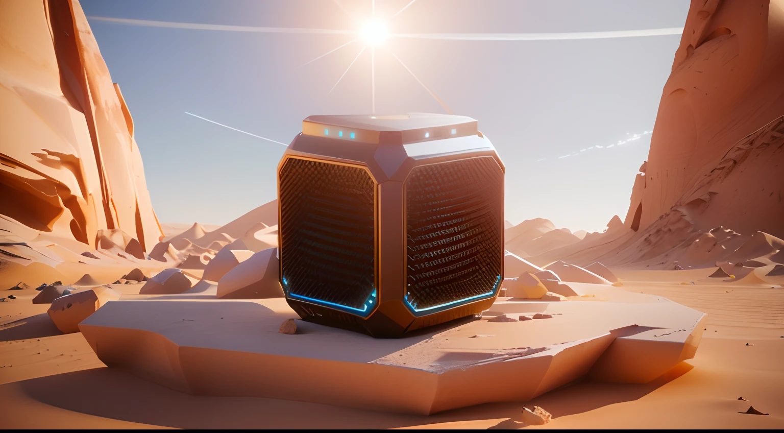 There was a speaker sitting on a rock in the middle of the desert, octagon render 8k, daily render, 3 d product render, 3 d render beeple, rendered in octane render 32k, rendered in octane render, super rendered in octane render, Rendered in Cinema4D, rendered in cinema 4 d, created in octane render, rendered in keyshot,Hyper-realistic rendering，Alien technology，future-tech，Cool，Vray rendering