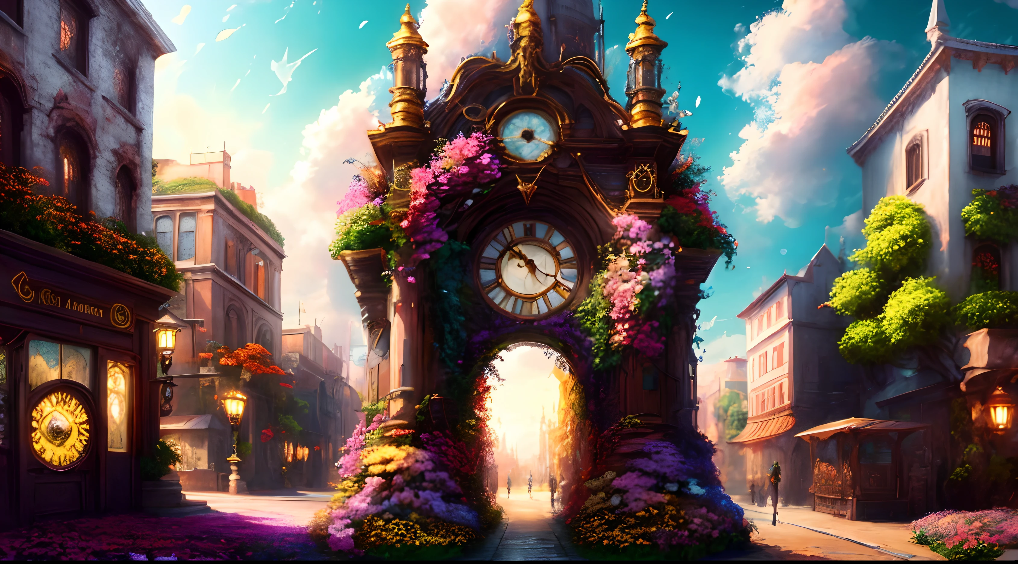 There is a clock tower with flowers outside, Arte bonita UHD 4K, Arte digital altamente detalhada em 4k, bela arte digital, arte de fundo, pintura digital bonita, 8k arte detalhada de alta qualidade, Arte digital detalhada em 4k, arte de fantasia digital colorida, arte digital de fantasia detalhada, cheio de cores e detalhes ricos, 8k arte impressionante