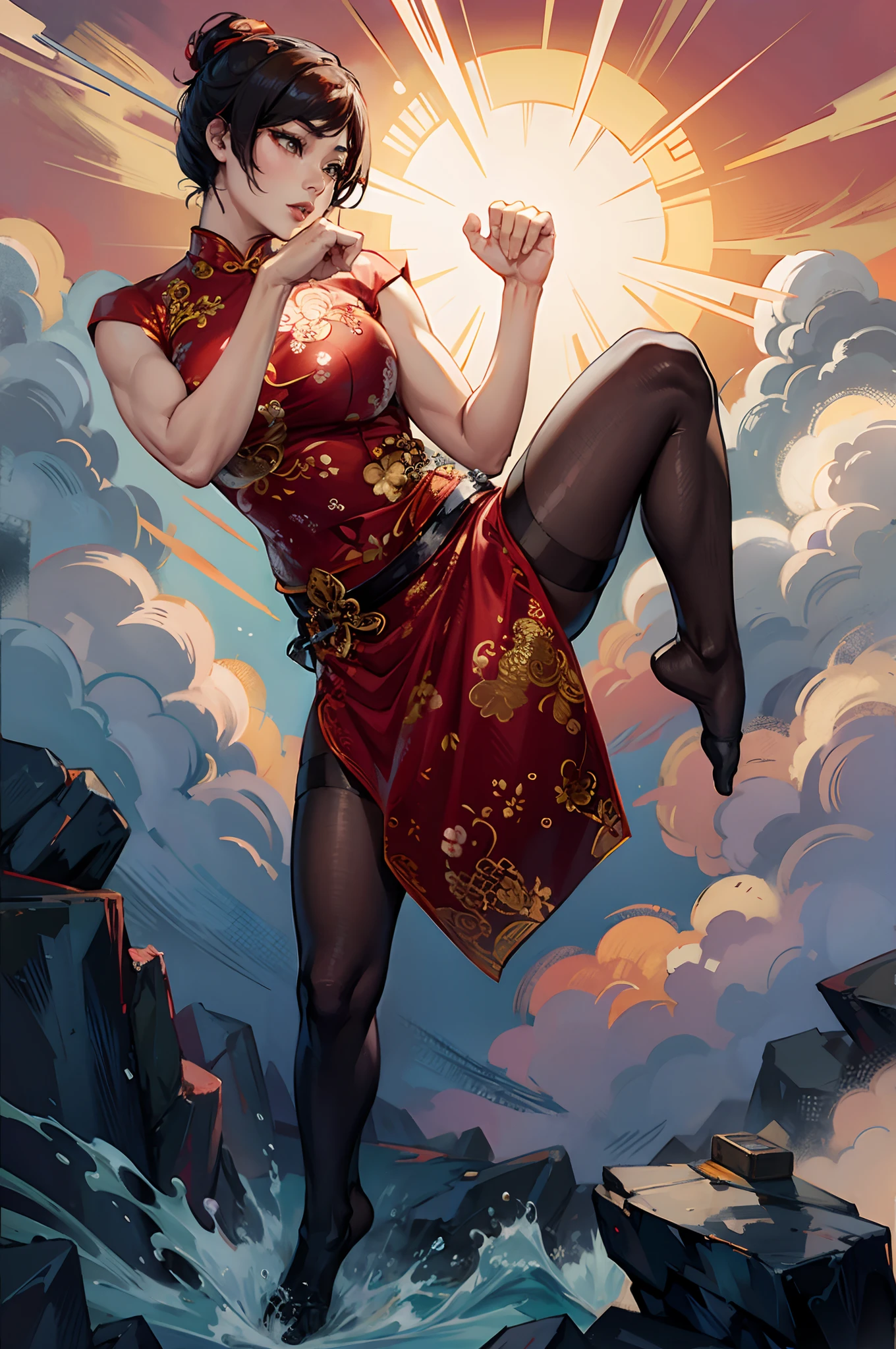 Asian woman in a red cheongsam, muscular, kung fu pose