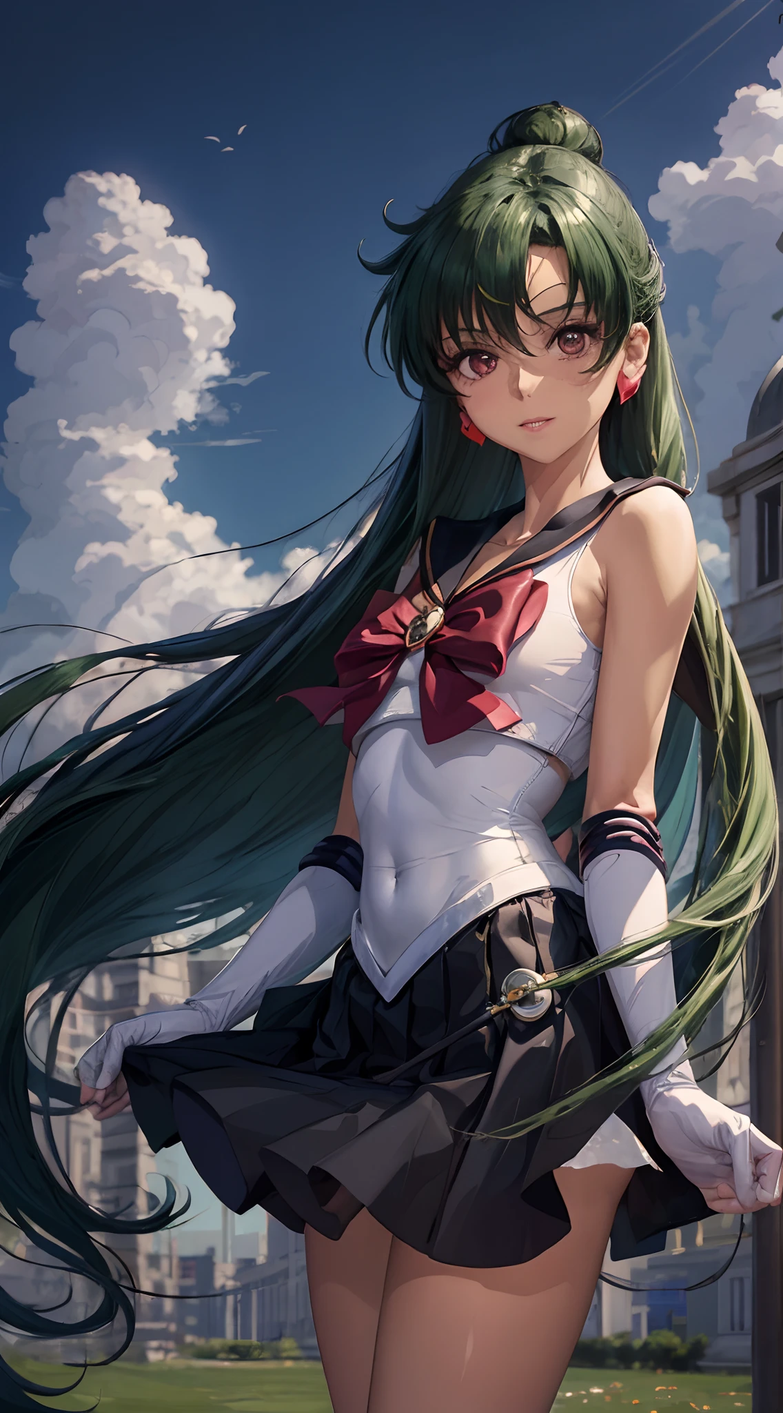 master part, best quality, high resolution, 1girl, sozinho, sailor pluto, (cabelo fofo), (hair fluttering), (single ponytail)), luvas de cotovelo, Cocar, saia plissada preta, red bow, (colar de marinheiro preto), Luva Branca, jewelries, Brincos, sorrir, Prado de fundo, Blue sky and white clouds, Cocar, Abertura, frente, frente, corpo inteiro, corpo inteiro