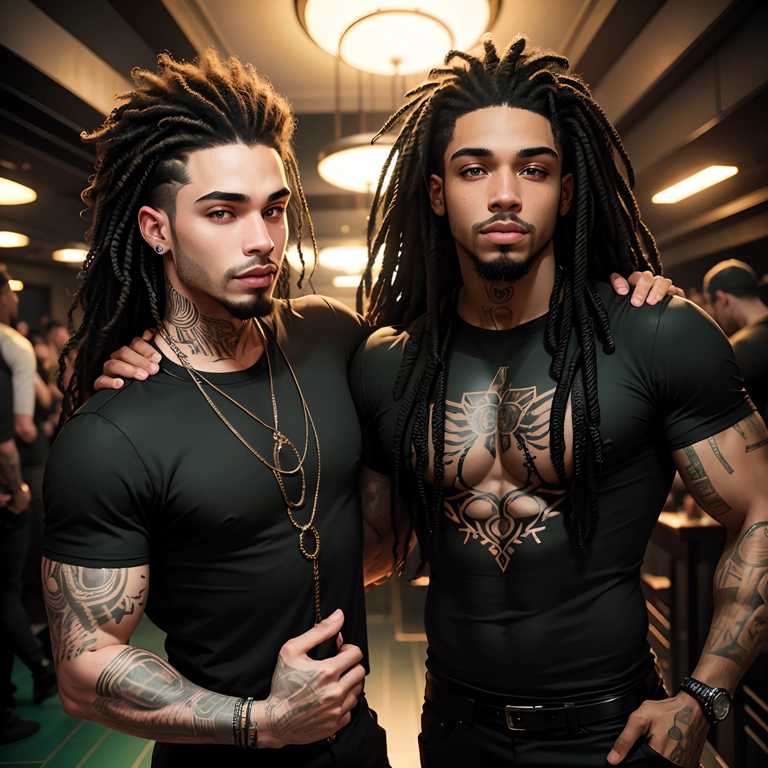 Black and Rican mixed guy, 24 years old, long curly hair, facial hair, green eyes, tattoos, wearing all black at a club