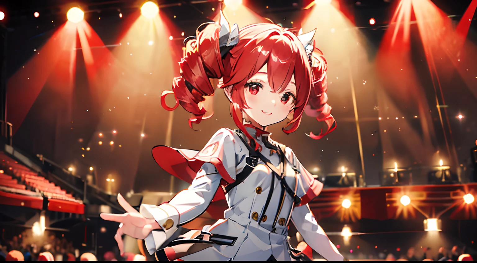 kawaii、1girl in、hiquality、((​masterpiece))、Tet、KasaneTeto、Twindrill hair、Smile in public、at stage、red hairs、neat clothes of neat gray color,、Red curly hair like a drill、red eyes、Live performance venue、Singing