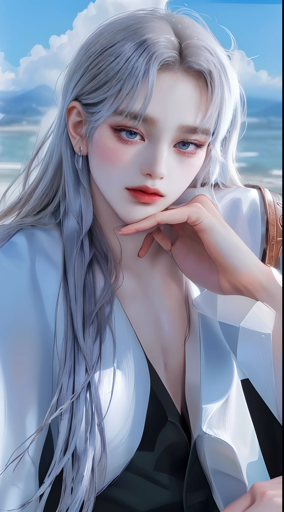 ((4K works))、​masterpiece、（top-quality)、((high-level image quality))、((one beautiful women))、Slim body、((Black Y-shirt Fashion))、(Detailed beautiful eyes)、Fantastic city background、((Face similar to Chaewon in Ruseraphim))、((length hair))、((bright silver hair))、((Smaller face))、((Neutral face))、((Light blue eyes))、((Korean Women))、((18year old))、((Wild Lady))、((Glaring at him with a savage look))、((Korean makeup with black eyeshadow))、((elongated and sharp eyes))、((Shot alone))、((Fallen Angel))、((Fallen Angel Woman))、Photos of fallen angels、Villain、((Fantastic photos))、Photographed so that the whole body can be seen
