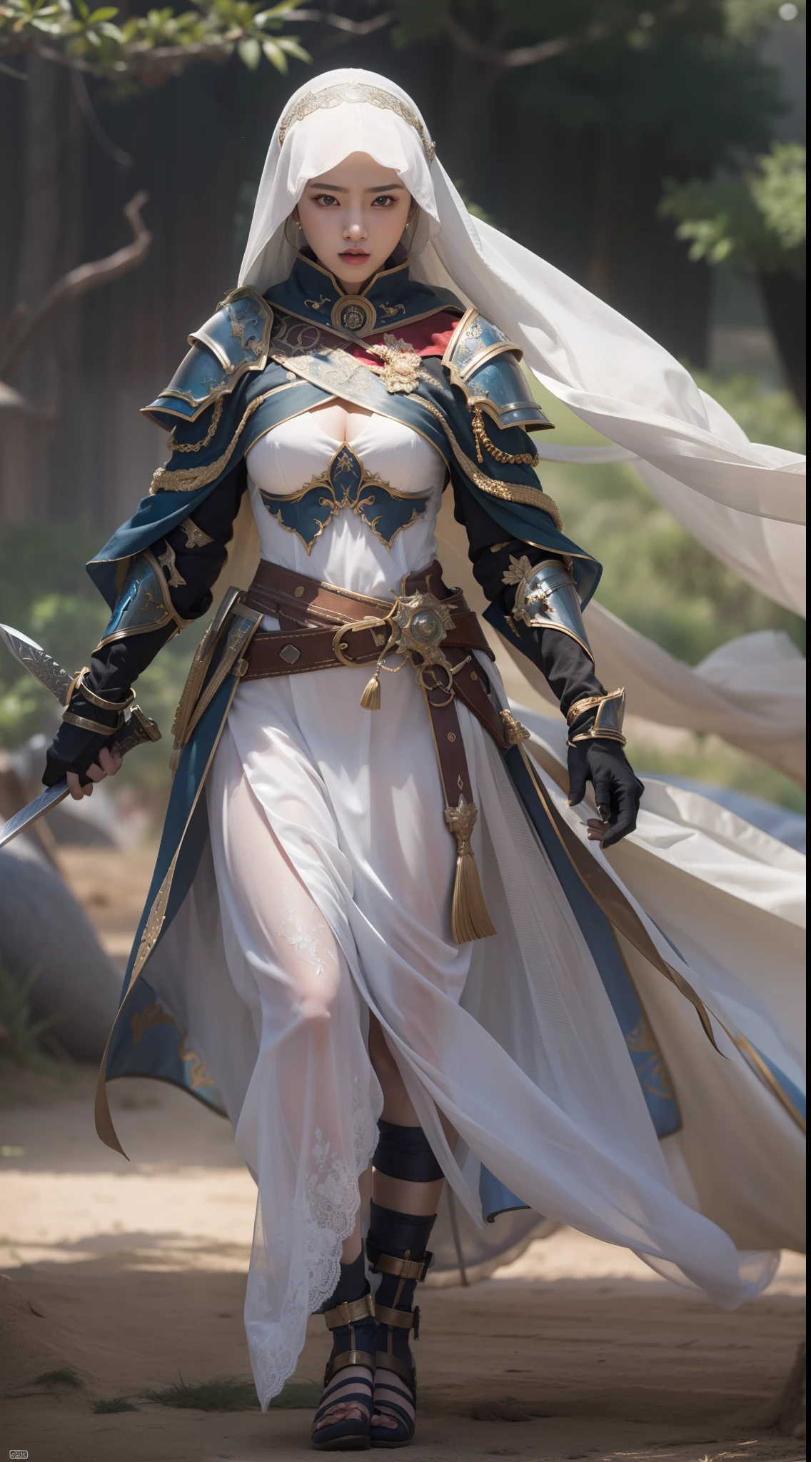 masterpiece, best quality, cinematic light, ultra high res, 8k uhd, intricate details, nature light, film grain, dreamlike, perfect anatomy, best shadow, delicate, RAW>, pleasured expression, spotless face, perfect face, perfect body, expressive eyes, 2girls, wearing cape hijab, attacking each other, sword fighting on the battlefield in front yard of a sultan palace, whole body covered by long dress, wearing full body battle armor, chest cover accessories, non-transparent clothing, angry face, kpop idol face, perfect face, perfect body, big chest,