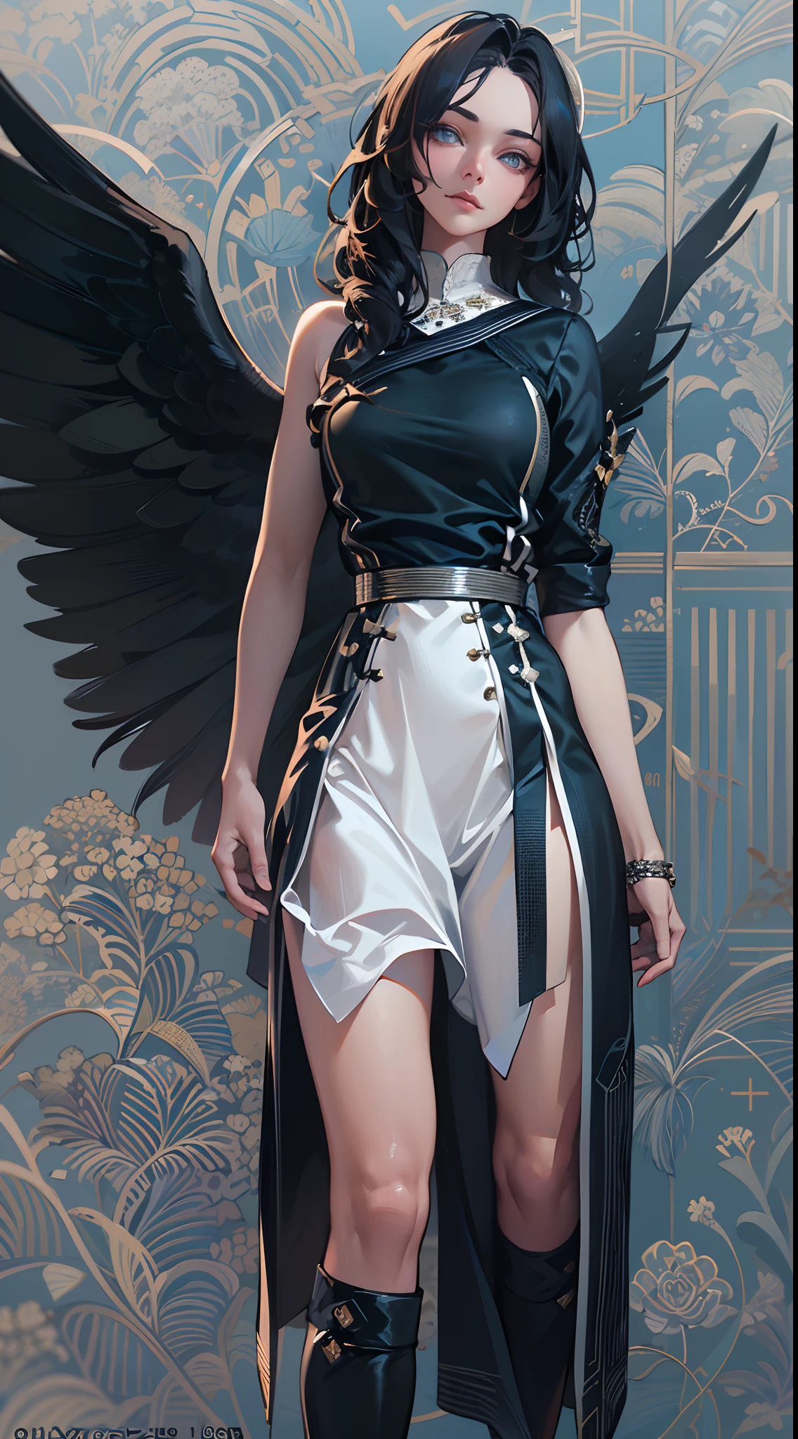 Black pantsuit, Black T-shirt with, melancholy lighting, A tranquil, peacful, luminance, tmasterpiece, best qualityer, (Ultra photo realsisim:1.3), (tmasterpiece:1.4), best qualtiy, ((realisticlying)), high high quality, ultra - detailed, ((Authentic images)), ((Realistic skin)), ((photorealiscic face)), (illustratio:1.05), (Handsome:1.05), (beatiful detailed eyes:1.05), (cinematric light:1.1), Blue in the detachment, perfect whole body,Black and blue clothes,White sneakers,(Beautiful women),(perfect body figure), long whitr hair,Detailed face, Perfect face, (The stands up), Detailed background, ((Bonifasko lighting)), (Detailed eyes), perfect pupils,a dark tanned skin,The halo,Angel wings,Kamimei