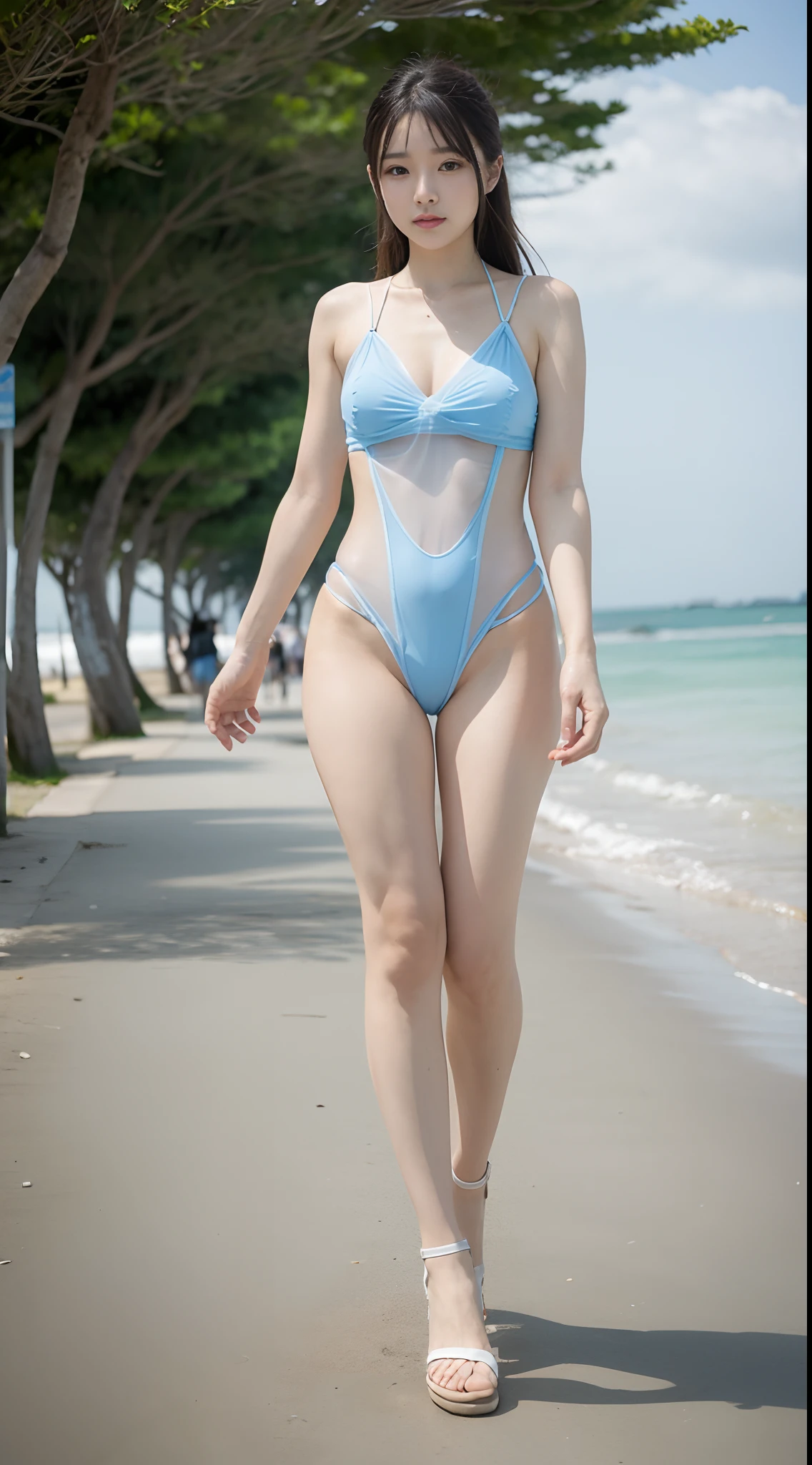 tmasterpiece,hight resolution,8K,distant sea,Dressed in a dress(Sexy transparent swimsuit)Woman strolling along beach path,sface focus,full body Esbian:0.8