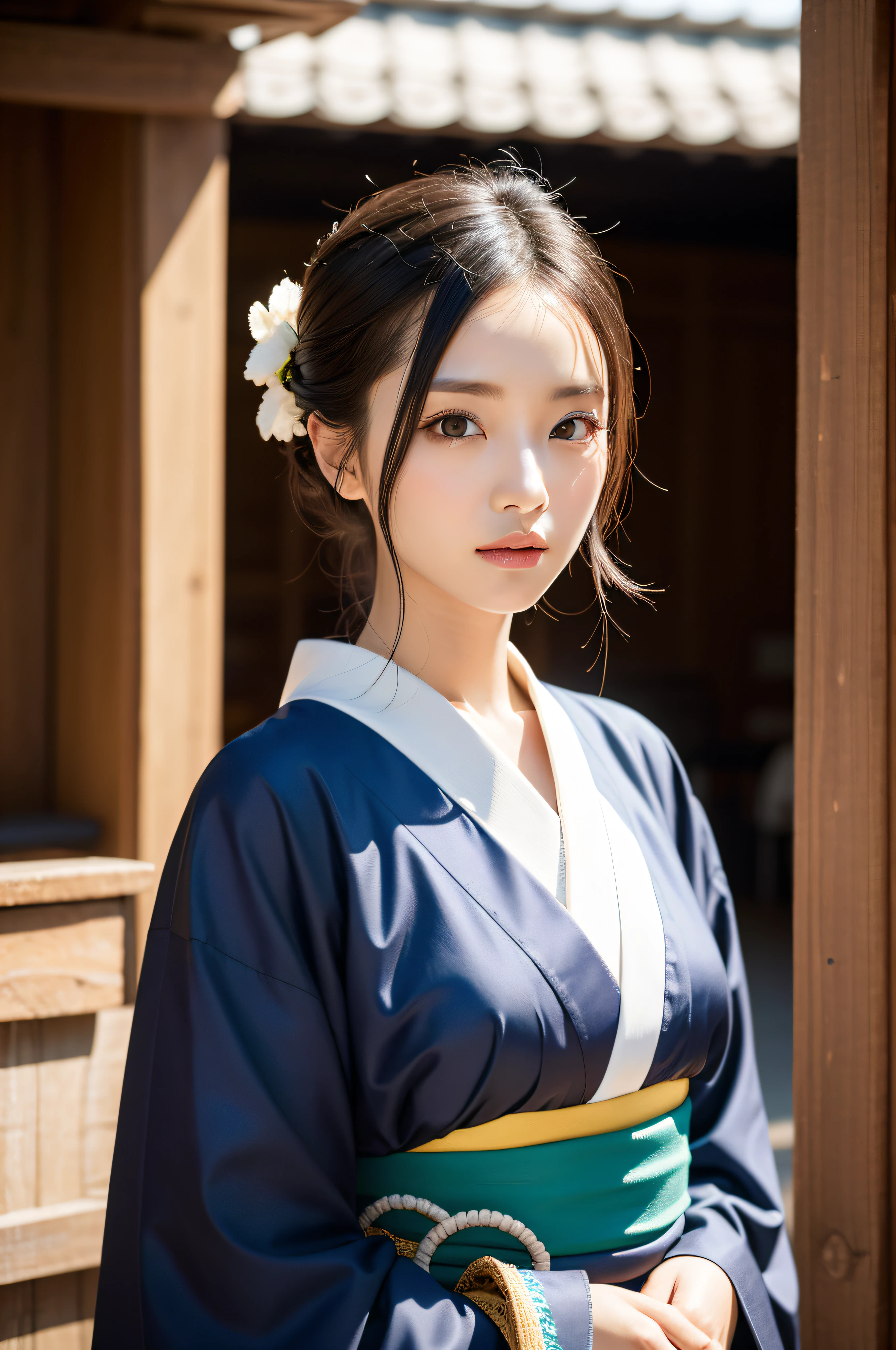 ((beste Quality、8K、masterspiece:1.3))、sharp-focus:1.2、(ultra beautiful face:1.0)、(Slender Abs Beauty:1.0)、(shinny skin:1.0)、photo realstic、black haired、Realistic pupils、Video Lighting、High-definition eyes and face、Video Lighting、(cow-boy shot:1.3)、(kimono、hakama、obi:1.4)、(Korean Cute Actress)、Traditional kimono、from front view、Giant tits、A slight smile