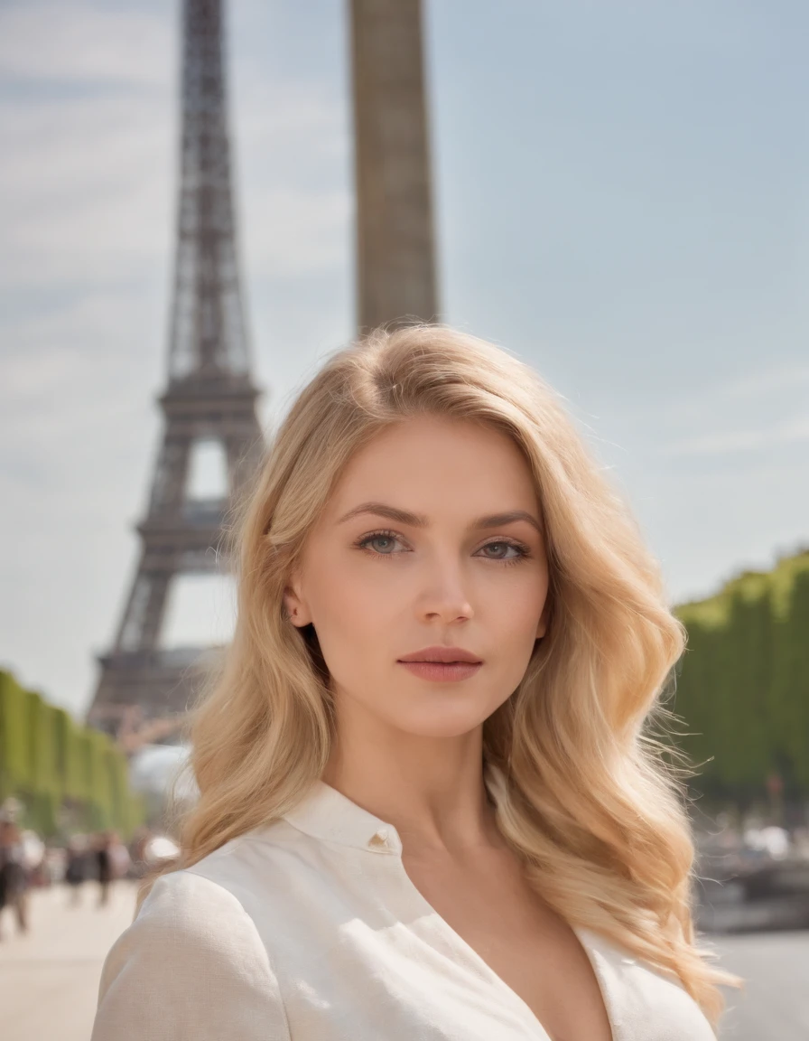 Ehefrau (Weiblich) Attractive near the Eiffel Tower, blondes Haar, Attraktive Pose, Hinter der Sonne, Attraktive Aussicht,Average Shooting