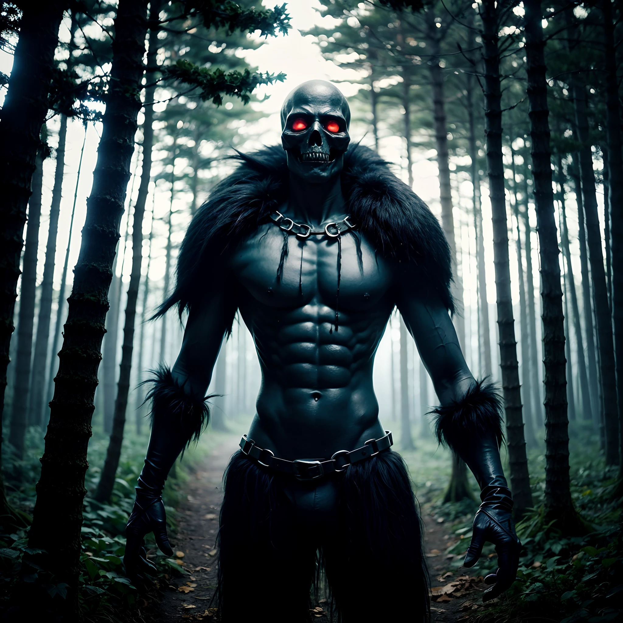 dark monster with purple eyes and a small smile, (macabre forest), master art, superior quality, high resolution, many details, dramatic contrasts, sinister darkness, depth, frightening lighting, mysterious shadows, complex textures, dark figures, misty environment, creepy camouflaged creatures, dark elements, dynamic perspective, veil, dense forest