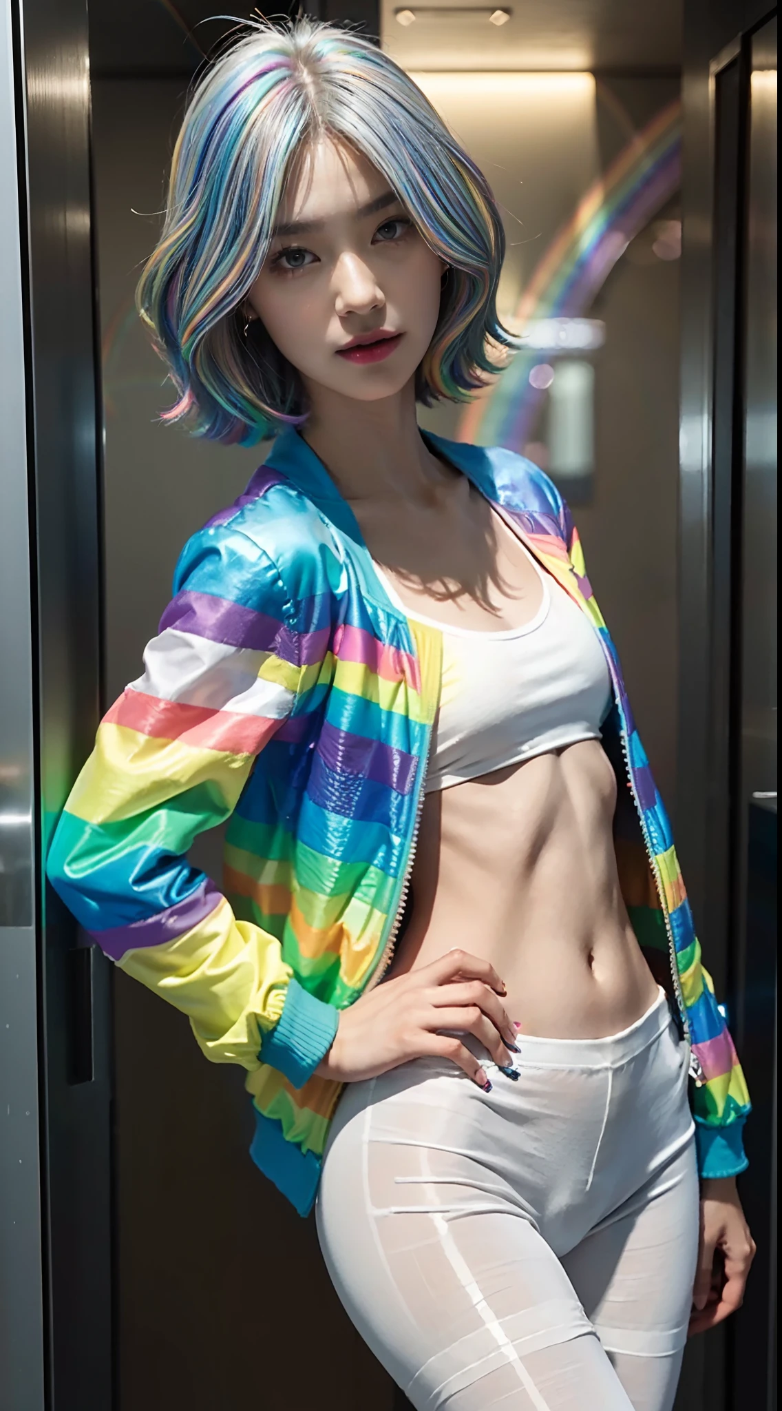 (shoulder length straight short hair: 1.1), (rainbow color hair:1.5),（Extremely meticulous CG 8k wallpaper），（Extremely refined and beautiful），（Masterpiece），（best qualtiy：1.0），（Ultra High Resolution：1.0），beautiful light up，Perfect lightning，realistic shaded，[A high resolution]，Smooth and flawless fair skin，Extremely exquisite facial details，（perfect body：1.1），ultra - detailed，A beautiful girl，small head，(Small breasts:1.1)，Flat chests，slim，thin，Smile，cheerfulness，(rainbow color jacket:1.5），（white pantyhose:1.4),Slender legs,standing,(Well-cut abdominal muscles:1.2),In elevator, bright lights,Portrait photo,close shot,cowboy shot,upper body