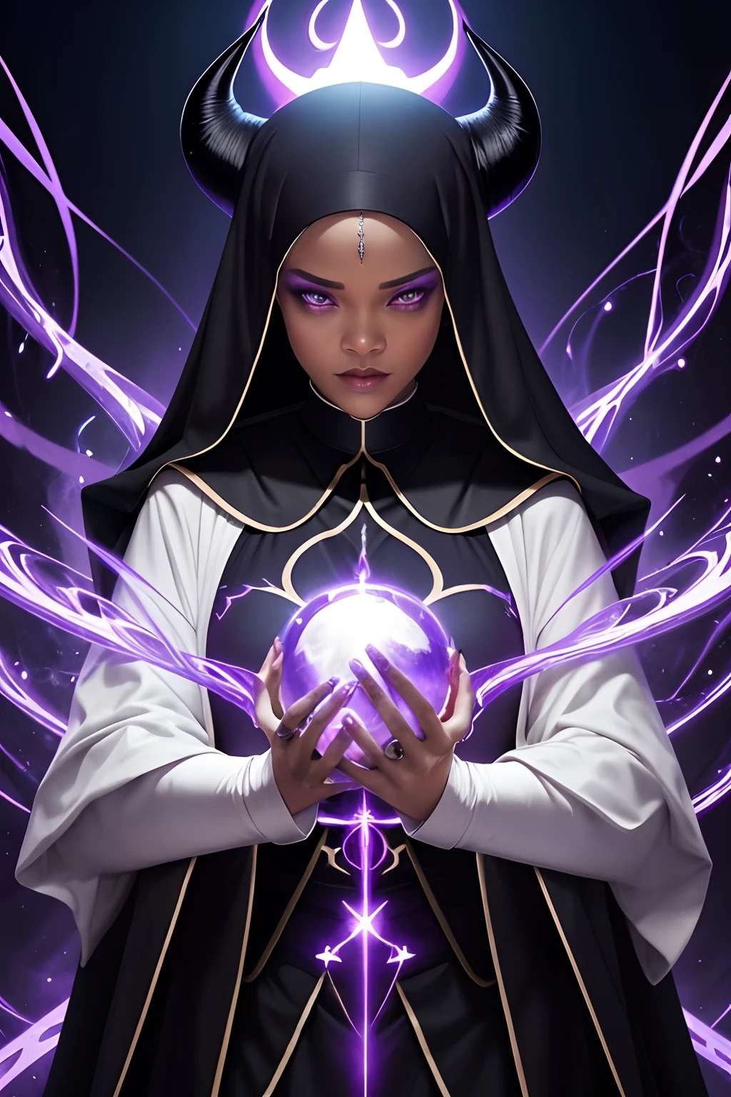 Rihanna : The evil nun, Demon horn, Demon wings on the head , sexy robe de nonne, A spherical glow of purple energy appears from these hands and absorbs the white energy of the beings around her, making her even more powerful, diabolique, insidieux , Context of the Satanic Church, detailled eyes, detailed hands